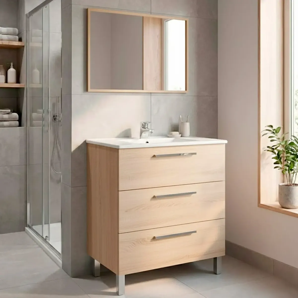 Mobile Bagno A Terra Con 3 Cassetti Lavabo In Ceramica E Specchio 77 x 50 Cm Inclusi Design Moderno Salvaspazio Elegante E Funzionale 80 x 45 x 86 Cm-Rovere chiaro-80 x 45 x 86 cm