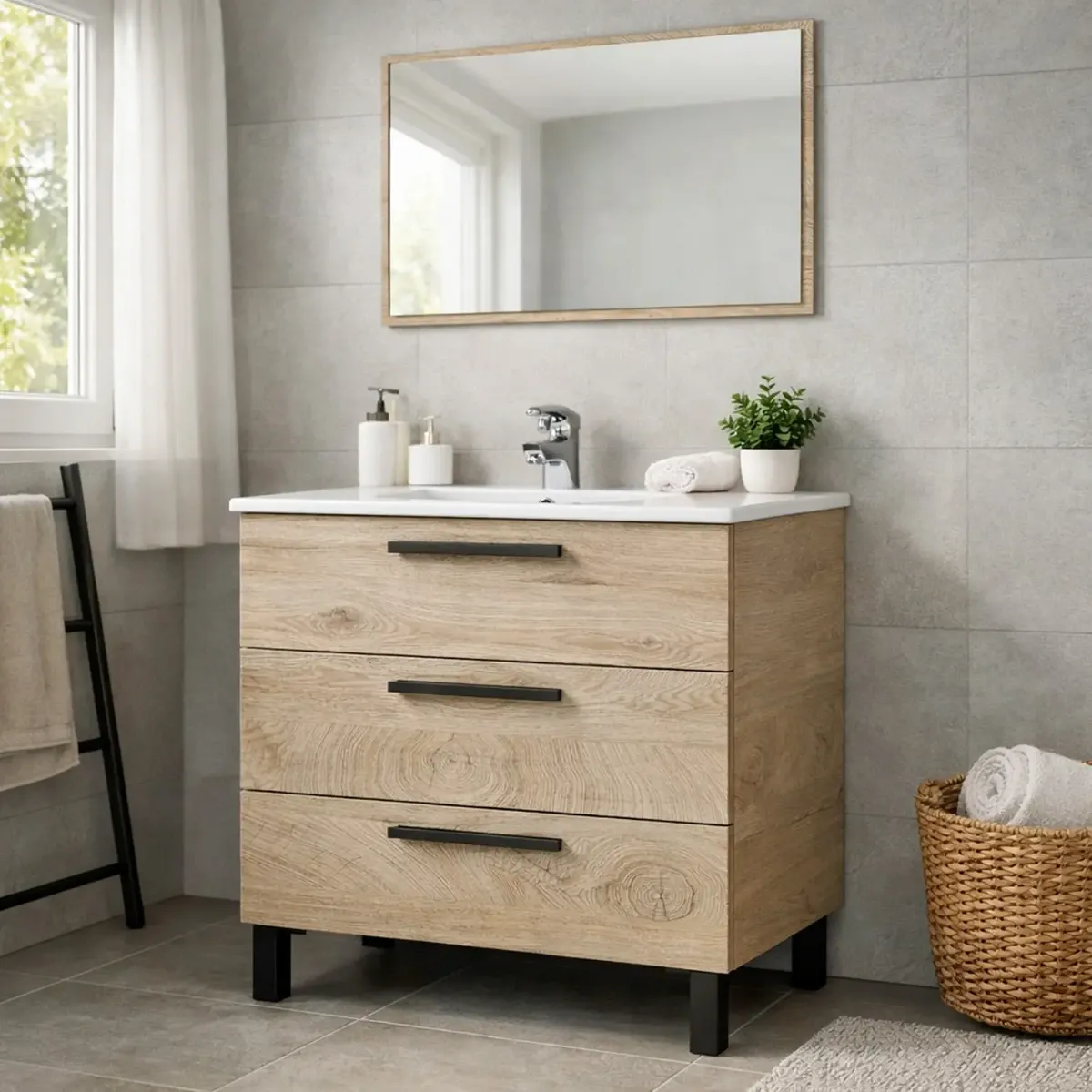 Mobile Bagno A Terra Con 3 Cassetti Lavabo In Ceramica E Specchio 77 x 50 Cm Inclusi Design Moderno Salvaspazio Elegante E Funzionale 80 x 45 x 86 Cm-Rovere Alaska-80 x 45 x 86 cm