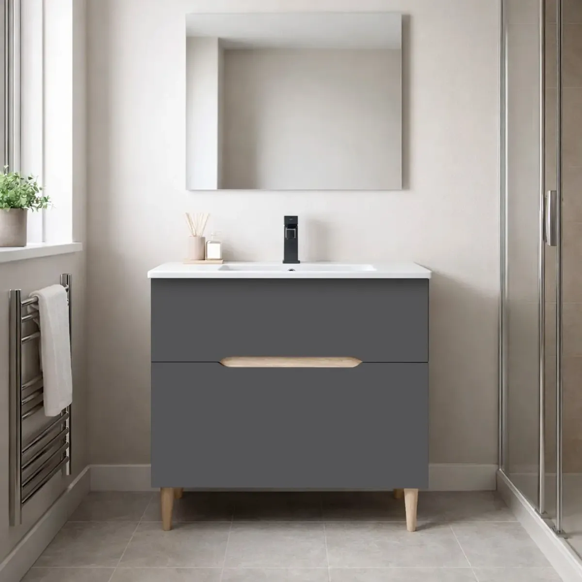 Mobile Bagno A Terra Con Lavabo In Ceramica E Specchio Inclusi 1 Cassetto Soft Close E 1 Anta A Vasistas Design Moderno Salvaspazio 80 x 45 x 80 Cm