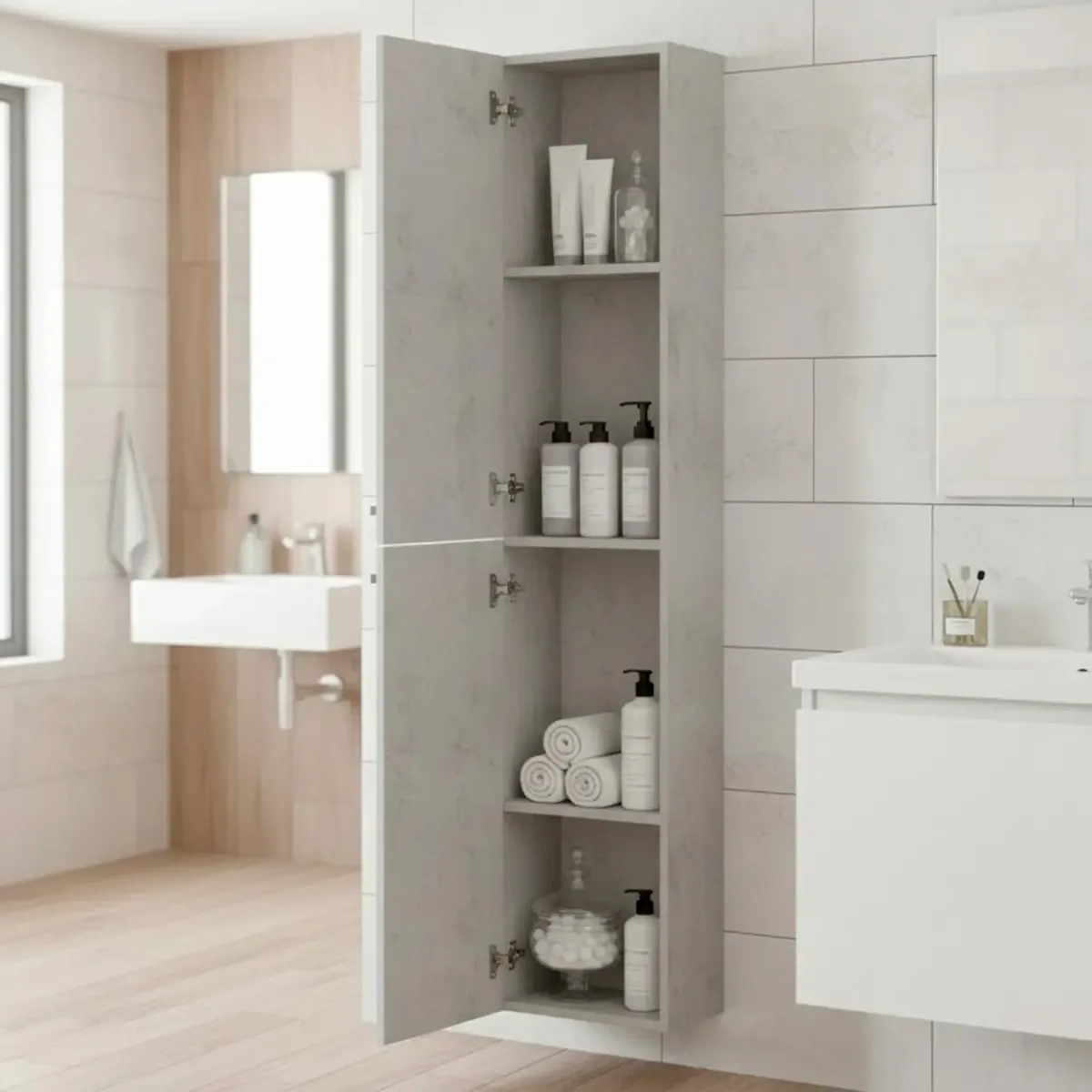 Mobile Alto Da Bagno Sospeso Con 2 Ante E 3 Mensole Interne Colonna Moderna Sospesa Salvaspazio In Melaminico Con Chiusura Assistita Design Industriale Lavanderia Ingresso-Grigio cemento-150 x 30 x 25 Cm