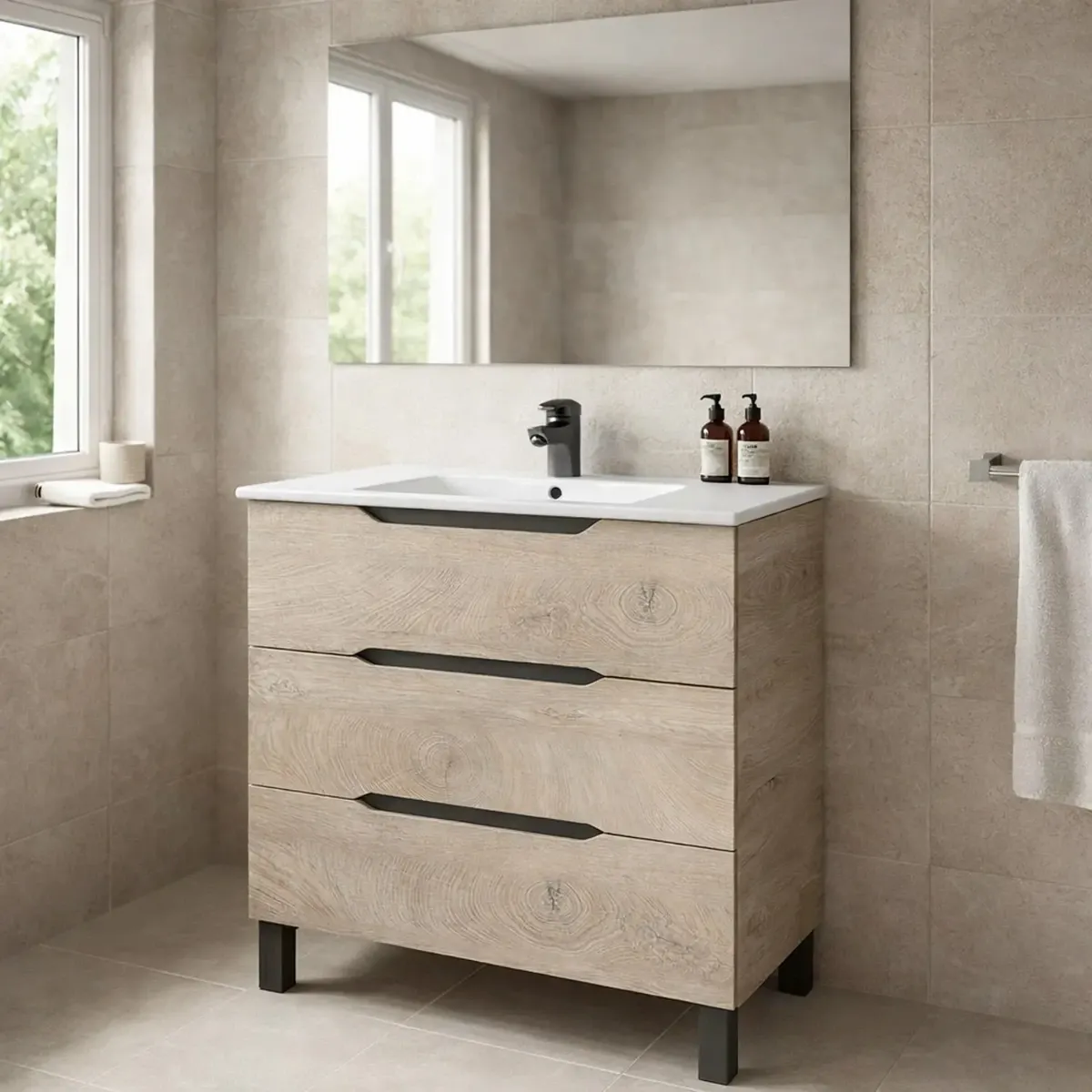 Mobile Bagno A Terra Con 3 Cassettoni Soft Close E Lavabo In Ceramica Monoforo Con Troppopieno Incluso Mobiletto Design Moderno Ed Elegante Salvaspazio 80 x 45 x 86 Cm-Rovere-80 x 45 x 86 cm