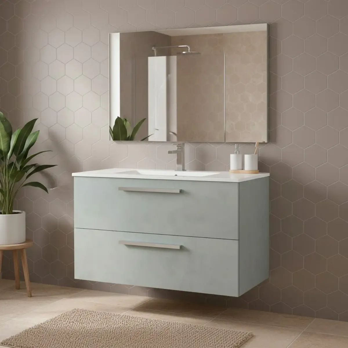 Mobile Mobiletto Bagno Sospeso Con 2 Cassettoni Soft Close Con Lavandino Lavabo In Ceramica E Specchio Design Moderno Nordico 57 x 80 x 45 Cm-Grigio cemento-80 x 45 x 57 cm