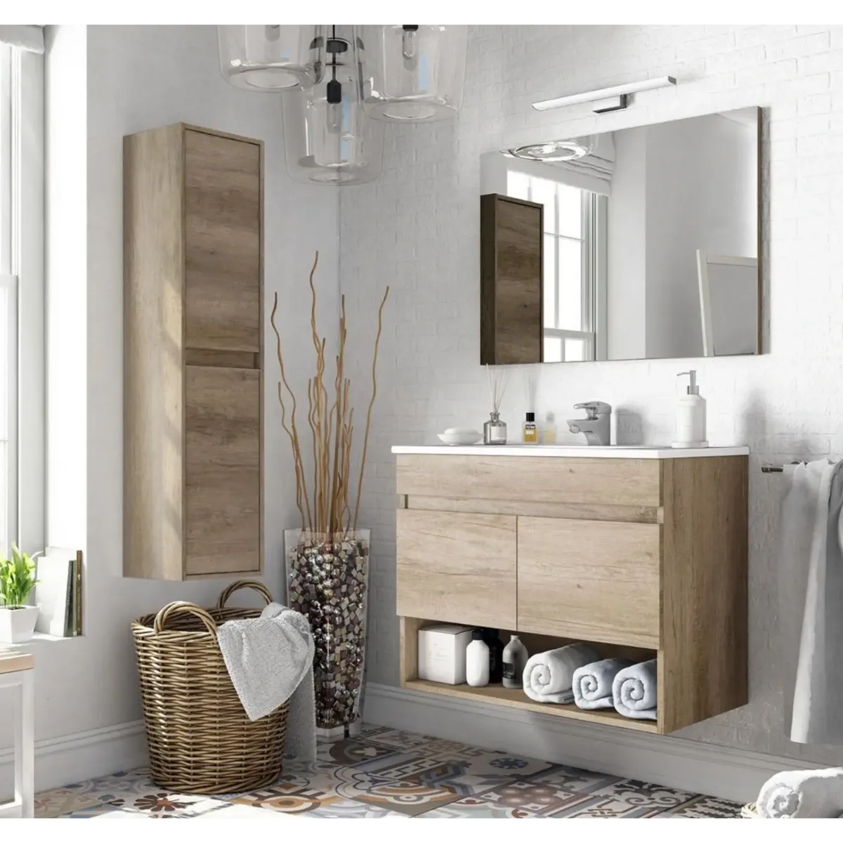 Mobile Mobiletto Bagno Sospeso Legno Con 2 Ante Ripiani E Vani Aperti Lavabo In Ceramica Con Specchio E Led Design Moderno Nordico La Brea 80 x 45 x 64 Cm