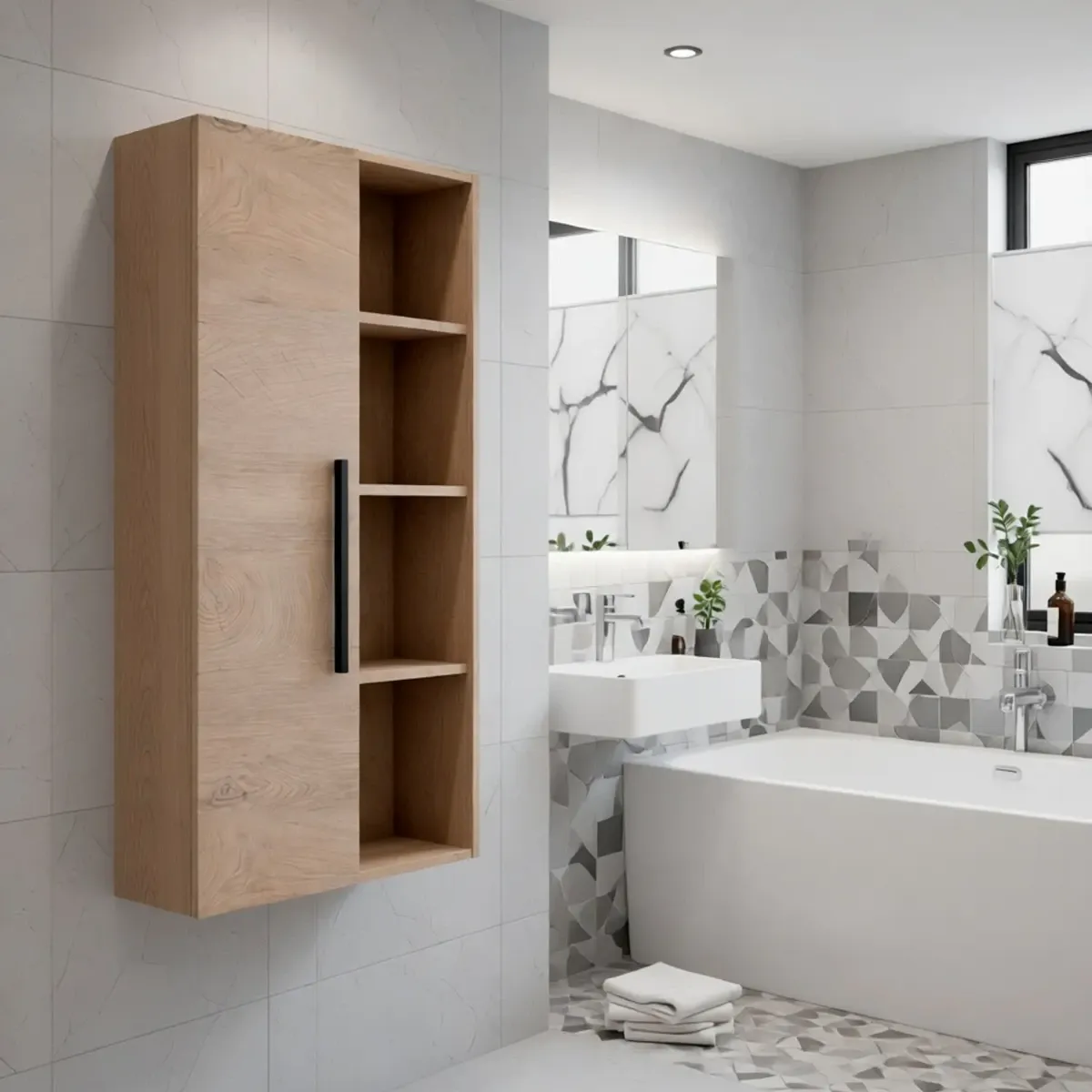 Colonna Sospesa Multiuso Con 1 Anta E 5 Vani A Giorno Mobile Armadietto Bagno Pensile Salvaspazio In Melaminico Chiusura Assistita E Ripiani Interni Design Moderno-Rovere Alaska-150 x 25.5 x 50 Cm