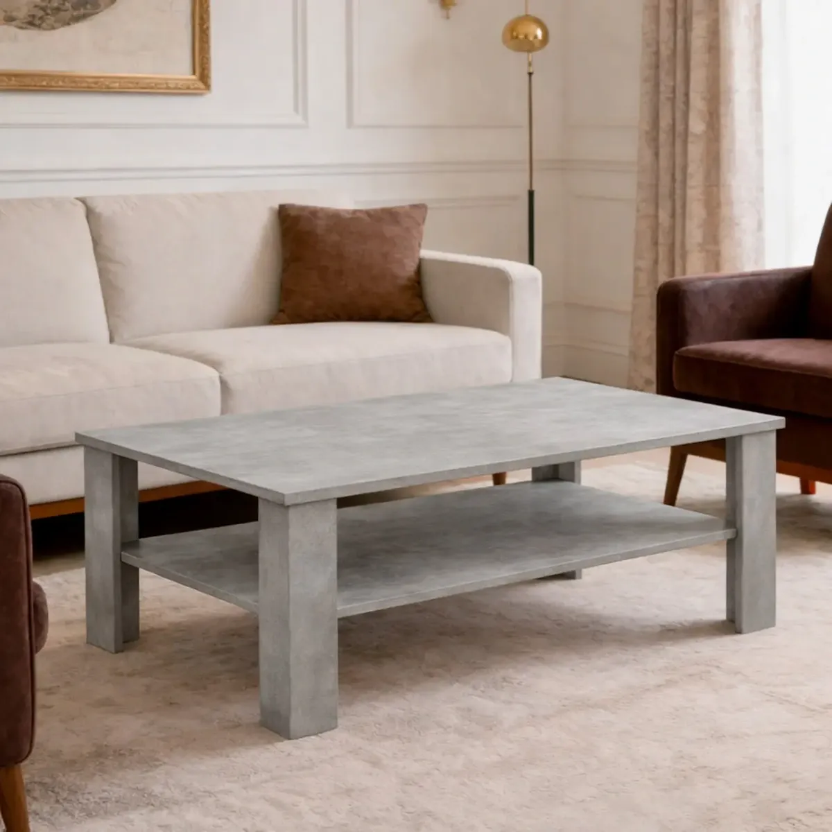 Tavolino Da Caffè Con Ripiano Inferiore E Vano A Giorno Tavolo Basso Stile Nordico Design Minimal Per Soggiorno Salotto Zona Living Struttura Resistente 47 x 110 x 65 Cm-Grigio cemento-47 x 110 x 65 cm