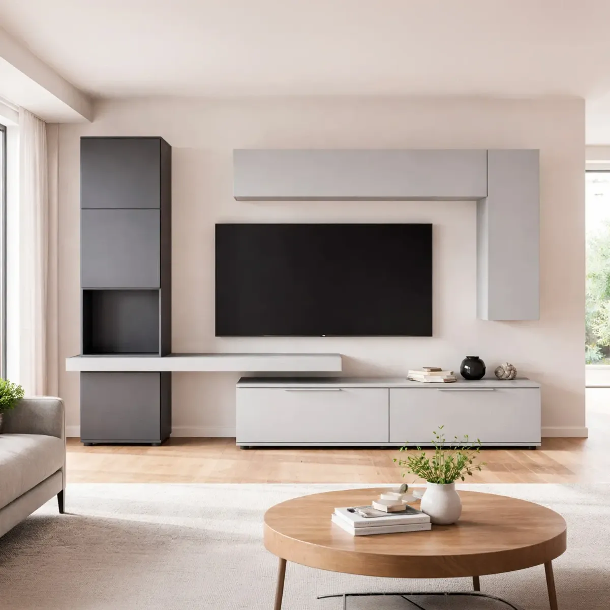 Parete Attrezzata Soggiorno Con Colonna 2 Cestoni 2 Pensili E Mensola Mobile TV Design Contemporaneo Salvaspazio Living  207.2 x 280 x 49.6 Cm-Grigio Chiaro E Grafite-207,2 x 280 x 49,6 cm
