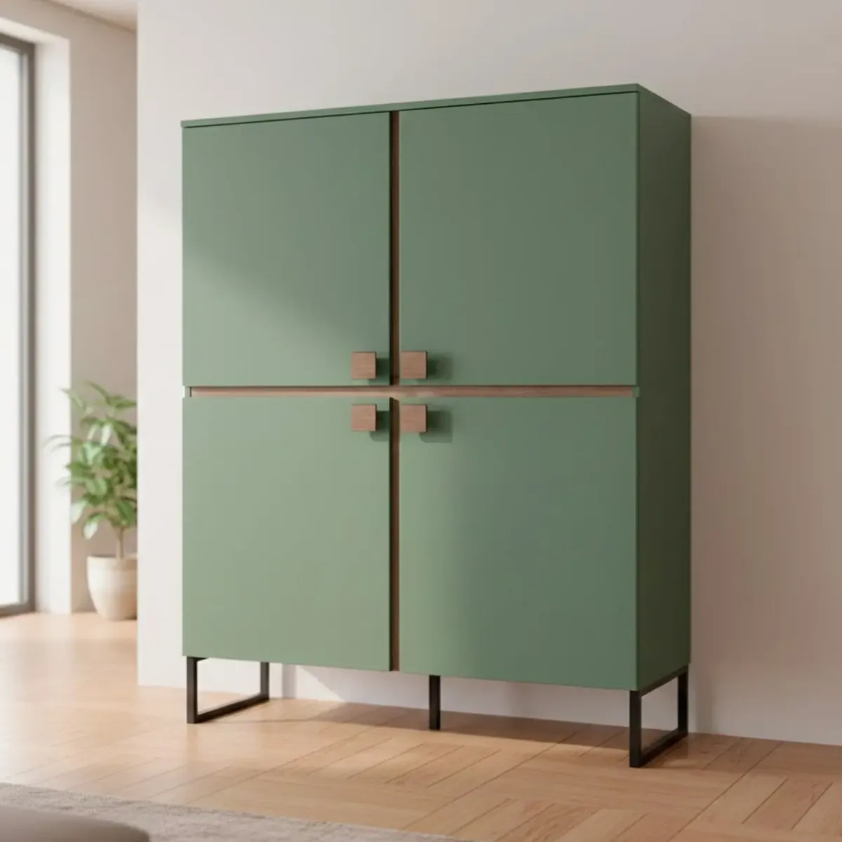 Madia Alta 4 Ante Mobile Soggiorno Moderno Con 4 Ripiani Interni E Piedini Neri Design Elegante Per Sala Da Pranzo Salotto Zona Living 108 x 144 x 40 Cm-Verde E Rovere-108 x 144 x 40 cm