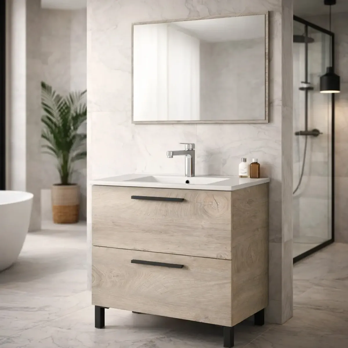 Mobile Bagno A Terra Con 2 Cassettoni Soft Close E Lavabo In Ceramica E Specchio Inclusi Con Foro Troppopieno E Maniglie ABS Design Moderno-Rovere Alaska-80 x 45 x 80 cm