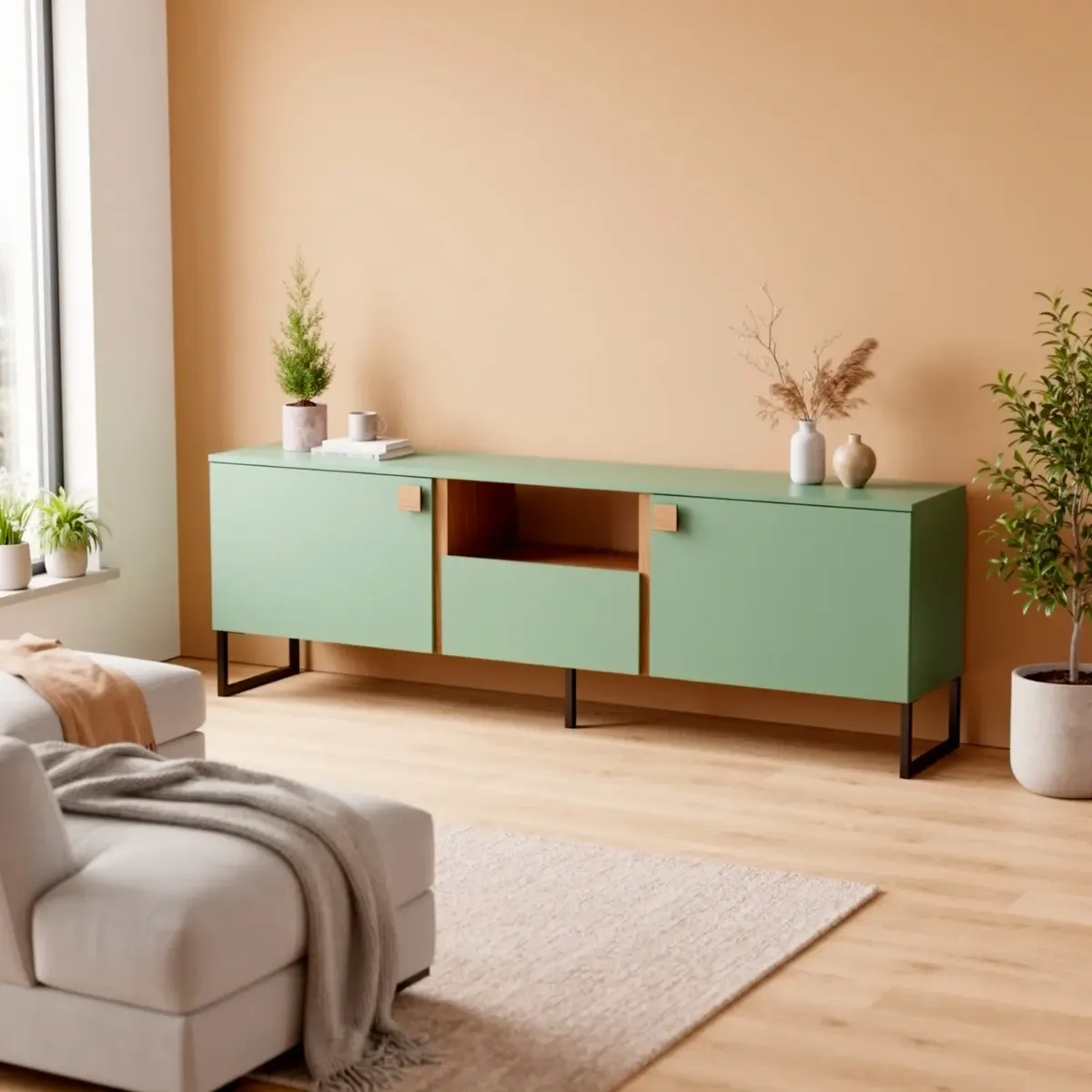 Mobile Porta TV Con 2 Ante A Ribalta 1 Cassetto E Vano a Giorno Design Moderno Piedini Slanciati Stile Nordico Industriale 179 x 60 x 40 Cm-Verde E Rovere-179 x 60 x 40 cm