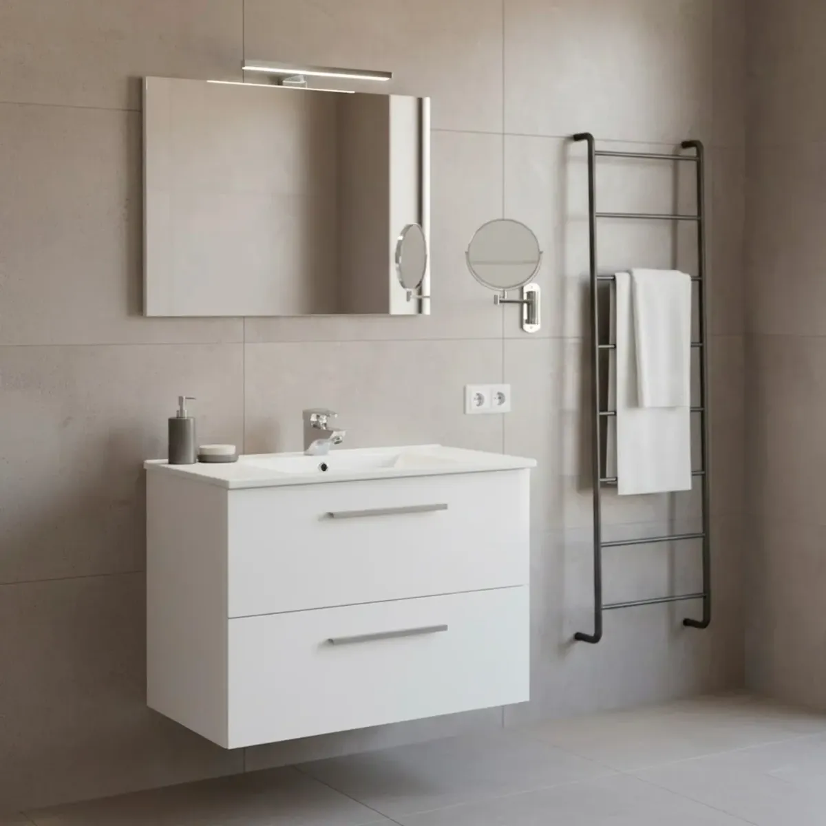 Mobile Mobiletto Bagno Sospeso Con 2 Cassettoni Soft Close Lavabo in Ceramica Monoforo Con Troppopieno E Specchio Con Led Da 45 Cm Design Moderno 80 x 45 x 57-Bianco-80 x 45 x 57 cm