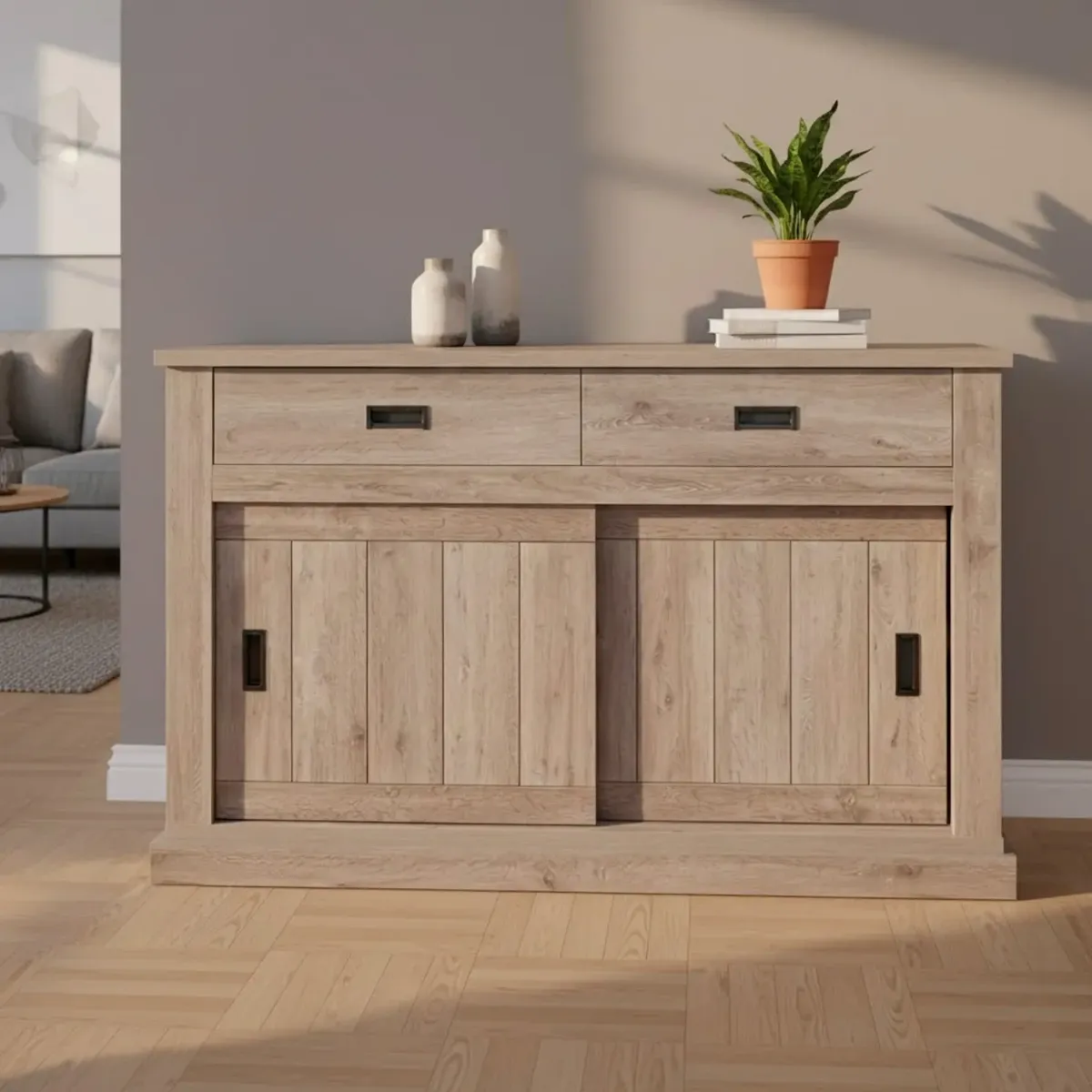 Madia Credenza Mobile Soggiorno Con 2 Cassetti E 2 Ante Scorrevoli 4 Ripiani Interni Design Minimal Shabby Chic Sala Da Pranzo Zona Living 150 x 50 x 95.5 Cm-Rovere alaska-150 x 50 x 95.5 Cm