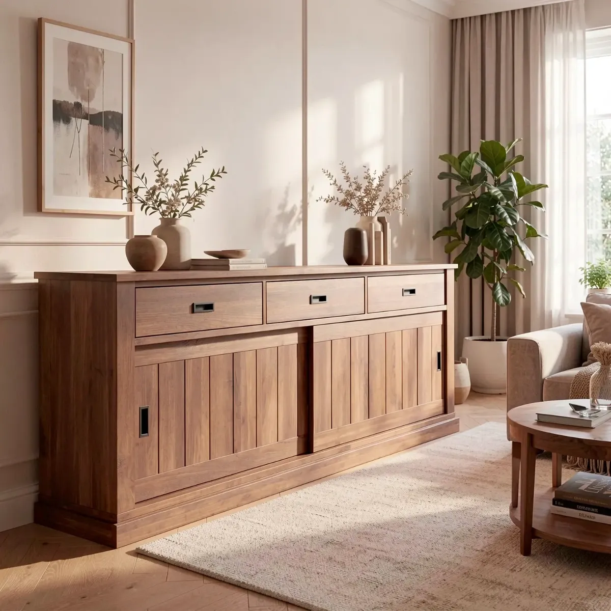 Credenza Soggiorno 3 Cassetti 2 Ante Scorrevoli 4 Ripiani Interni Mobile Buffet Madia Dispensa Cucina Zona Living Design Classico Moderno 220 x 50 x 95 Cm-Noce-220 x 50 x 95 Cm