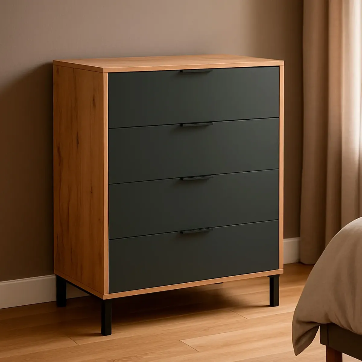 Cassettiera A 4 Cassetti Salvaspazio Per Camera Da Letto Cabina Armadio Corridoio Mobile Contenitore Moderno Design Elegante Minimal-Rovere e Nero-94 x 77.5 x 40 Cm