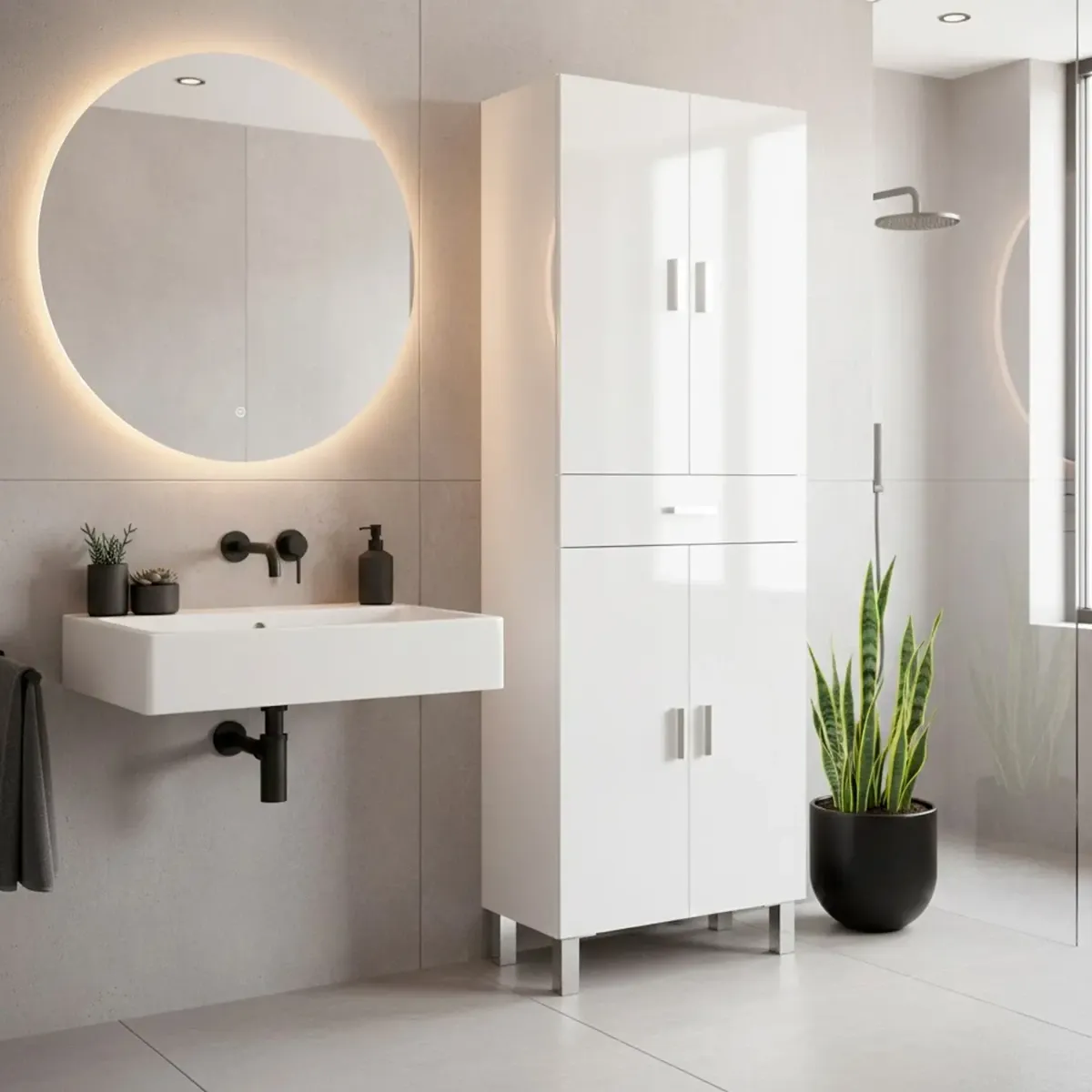 Colonna Bagno Con 4 Ante 4 Ripiani E Cassetto Mobile Alto Moderno Salvaspazio Con Mensole Regolabili Design Elegante Minimal Per Bagno Lavanderia Ripostiglio-Bianco-182 x 60 x 29 Cm