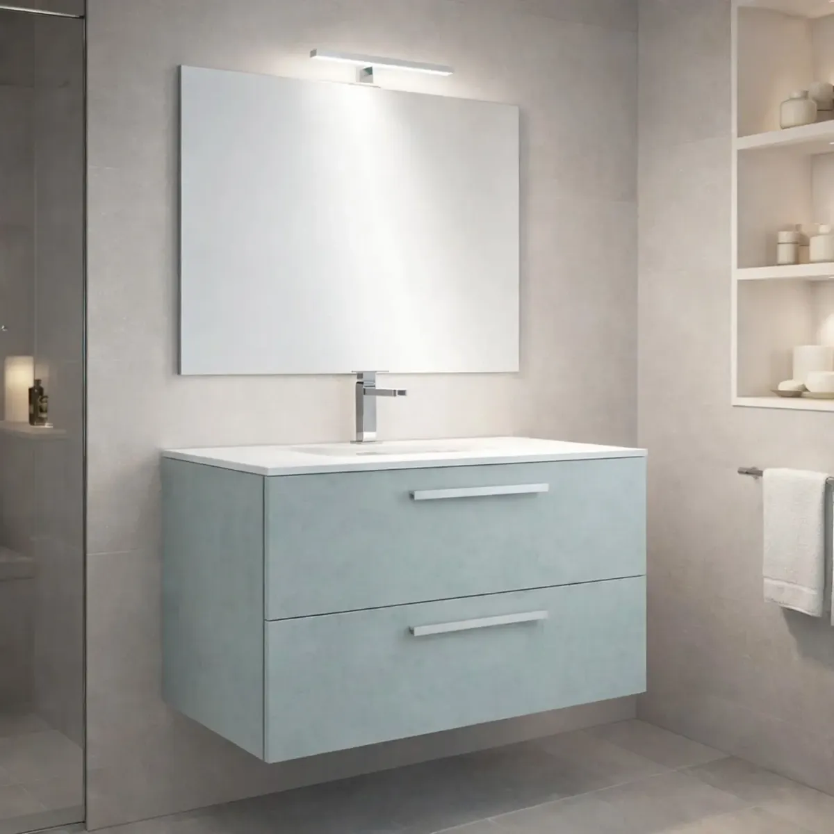 Mobile Mobiletto Bagno Sospeso Con 2 Cassettoni Soft Close Con Lavandino Lavabo In Ceramica Specchio E Led Da 45 Cm Design Moderno Nordico 57 x 80 x 45 Cm