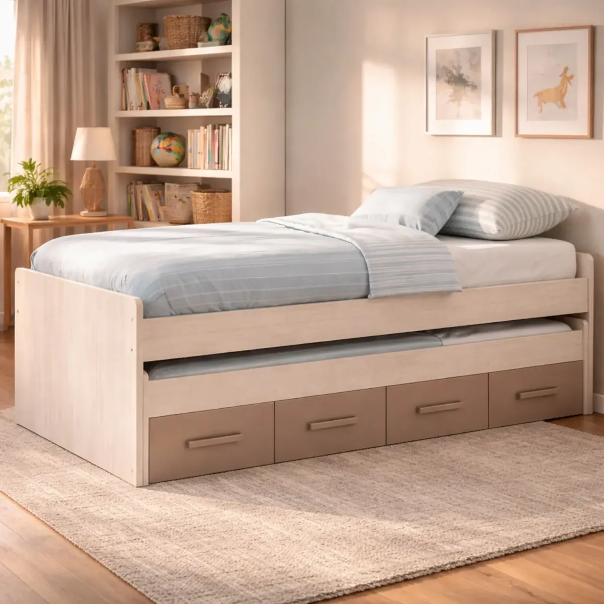 Letto A Castello Con Letto Estraibile E 2 Cassetti Contenitore Per Cameretta Bambini Ragazzi Salvaspazio Design Moderno-Rovere Chiaro E Tortora-198 x 69 x 96 Cm