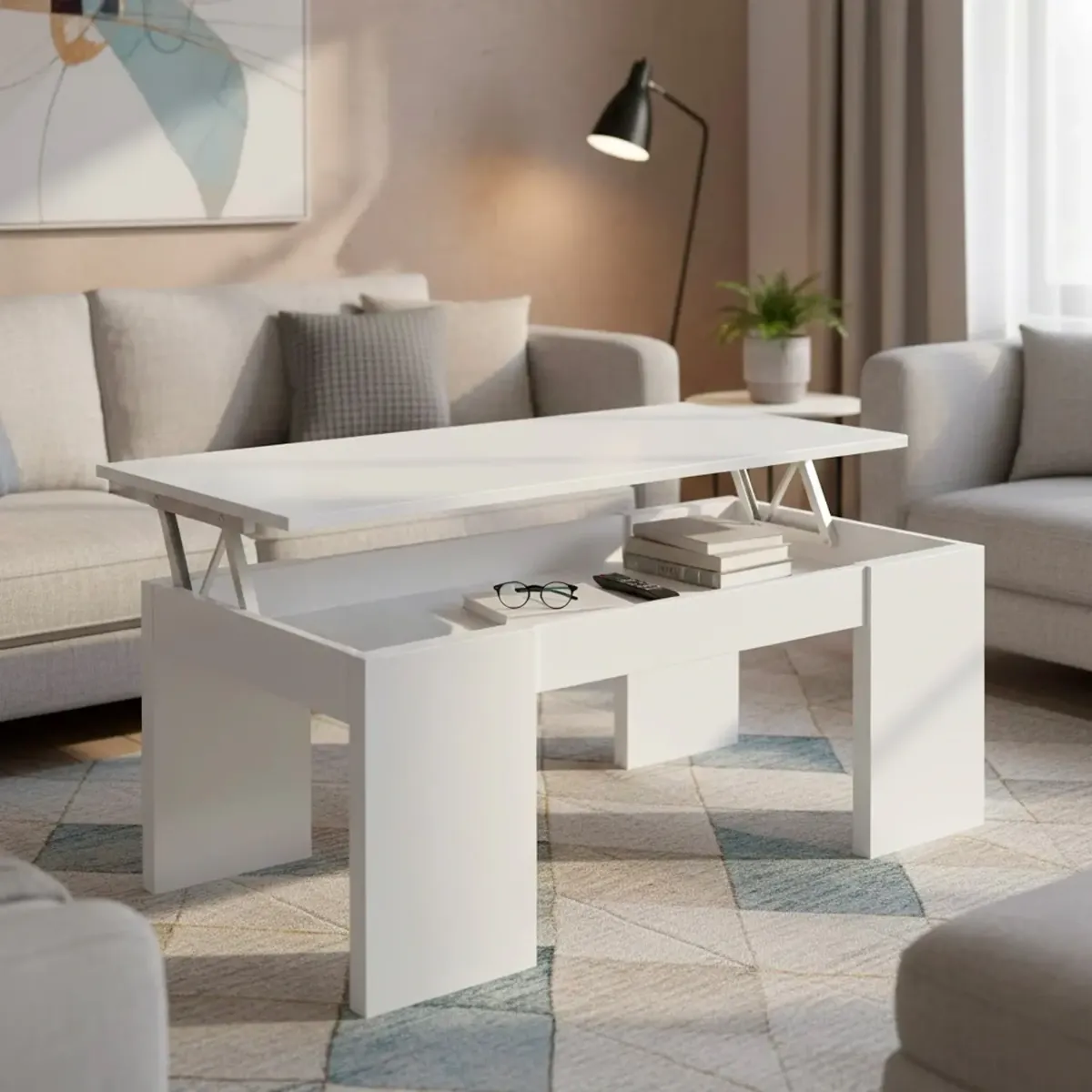 Tavolino Da Caffè Sollevabile Tavolo Da Salotto Rialzabile Salvaspazio Per Mangiare O Lavorare Dal Divano Con Piano Rialzabile Salvaspazio Design Moderno-Bianco-102 x 50 x 43 Cm