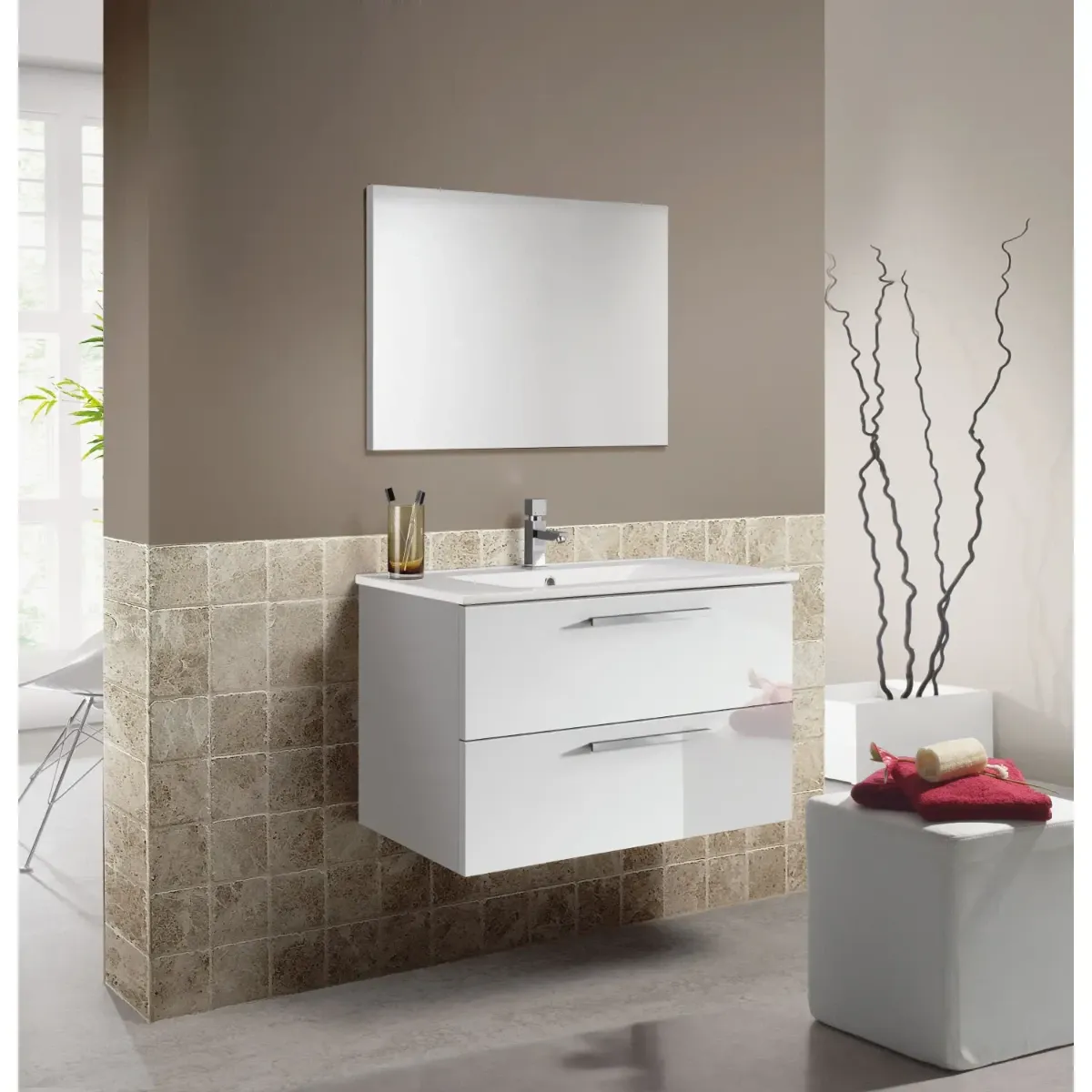 Mobile Mobiletto Bagno Sospeso Con 2 Cassettoni Soft Close E Lavabo in Ceramica Monoforo Con Troppopieno E Specchio Design Moderno Minimal