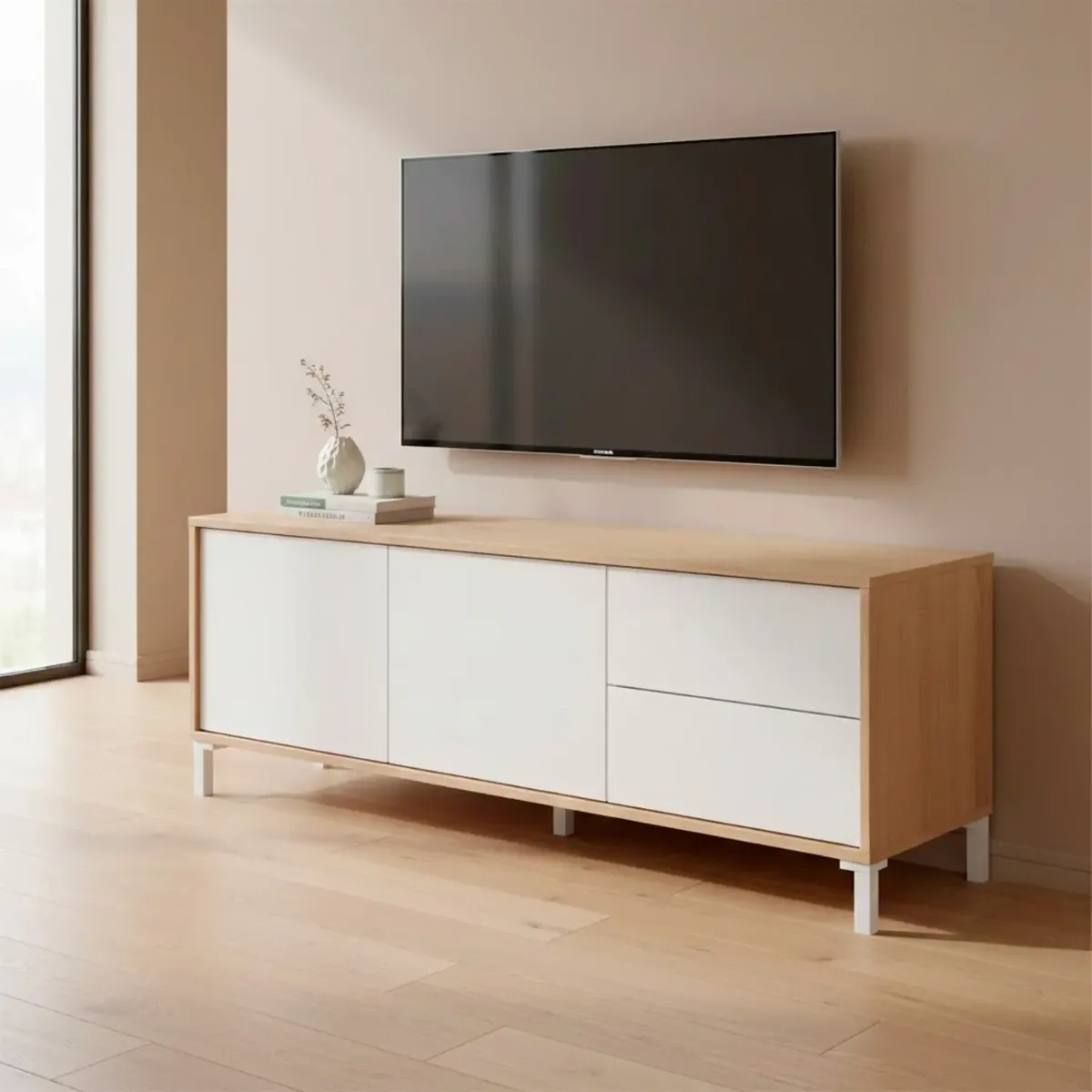 Mobile Tv Credenza Soggiorno Porta Televisione Madia Design Moderno Arredo Casa Mobile Basso Tv Melaminico Scandinavo Salotto Compatto Contenitore Multimediale 130 x 41 x 47 Cm-Bianco e rovere