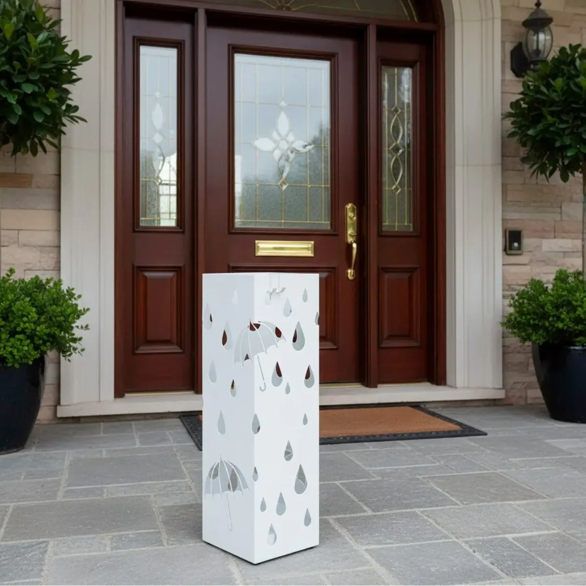 Portaombrelli In Acciaio Zincato Con Vaschetta Scolapioggia E 4 Ganci Removibili Base Antiscivolo Design Moderno Per Ingresso Casa e Ufficio 49 x 15.5 x 15.5 Cm-Bianco