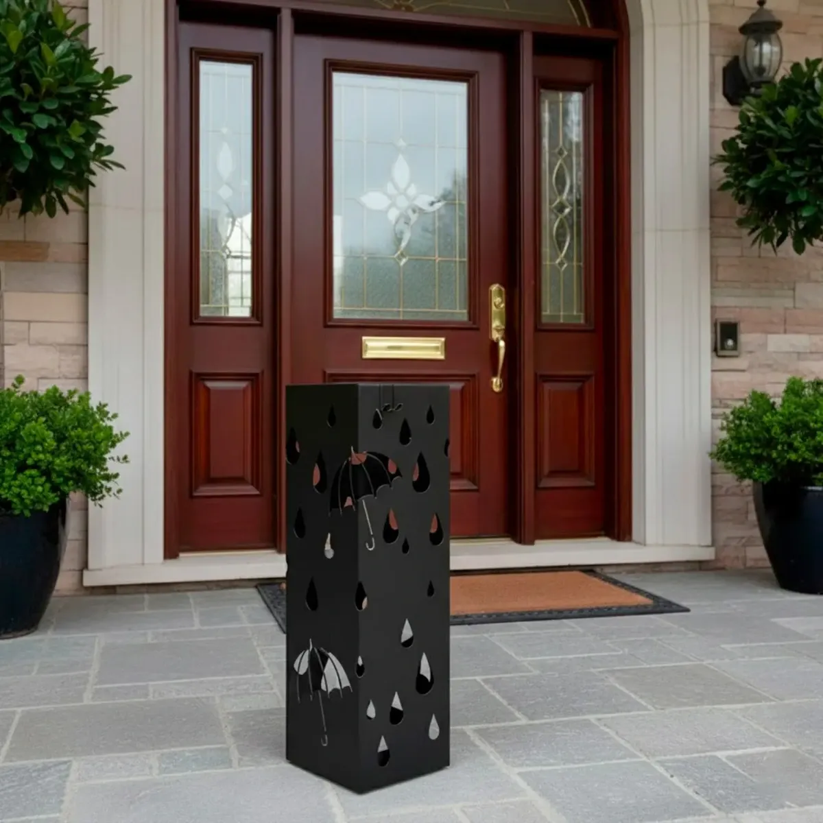 Portaombrelli In Acciaio Zincato Con Vaschetta Scolapioggia E 4 Ganci Removibili Base Antiscivolo Design Moderno Per Ingresso Casa e Ufficio 49 x 15.5 x 15.5 Cm-Nero