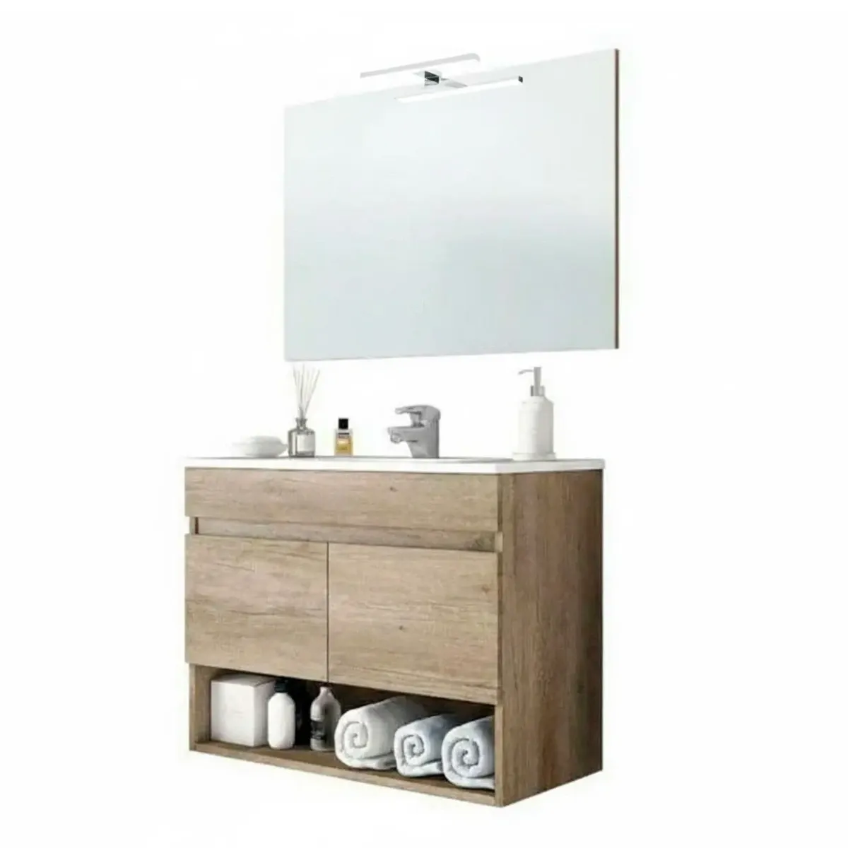 Mobile Mobiletto Bagno Sospeso Legno Con 2 Ante Ripiani E Vani Aperti Lavabo In Ceramica Con Specchio E Led Design Moderno Nordico La Brea 80 x 45 x 64 Cm
