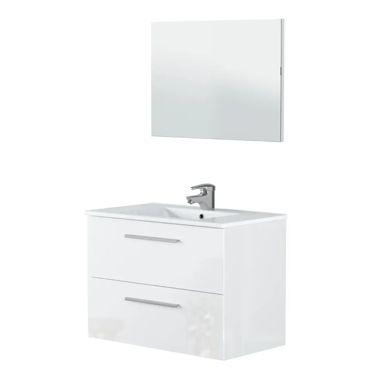Mobile Mobiletto Bagno Sospeso Con 2 Cassettoni Soft Close E Lavabo in Ceramica Monoforo Con Troppopieno E Specchio Design Moderno Minimal