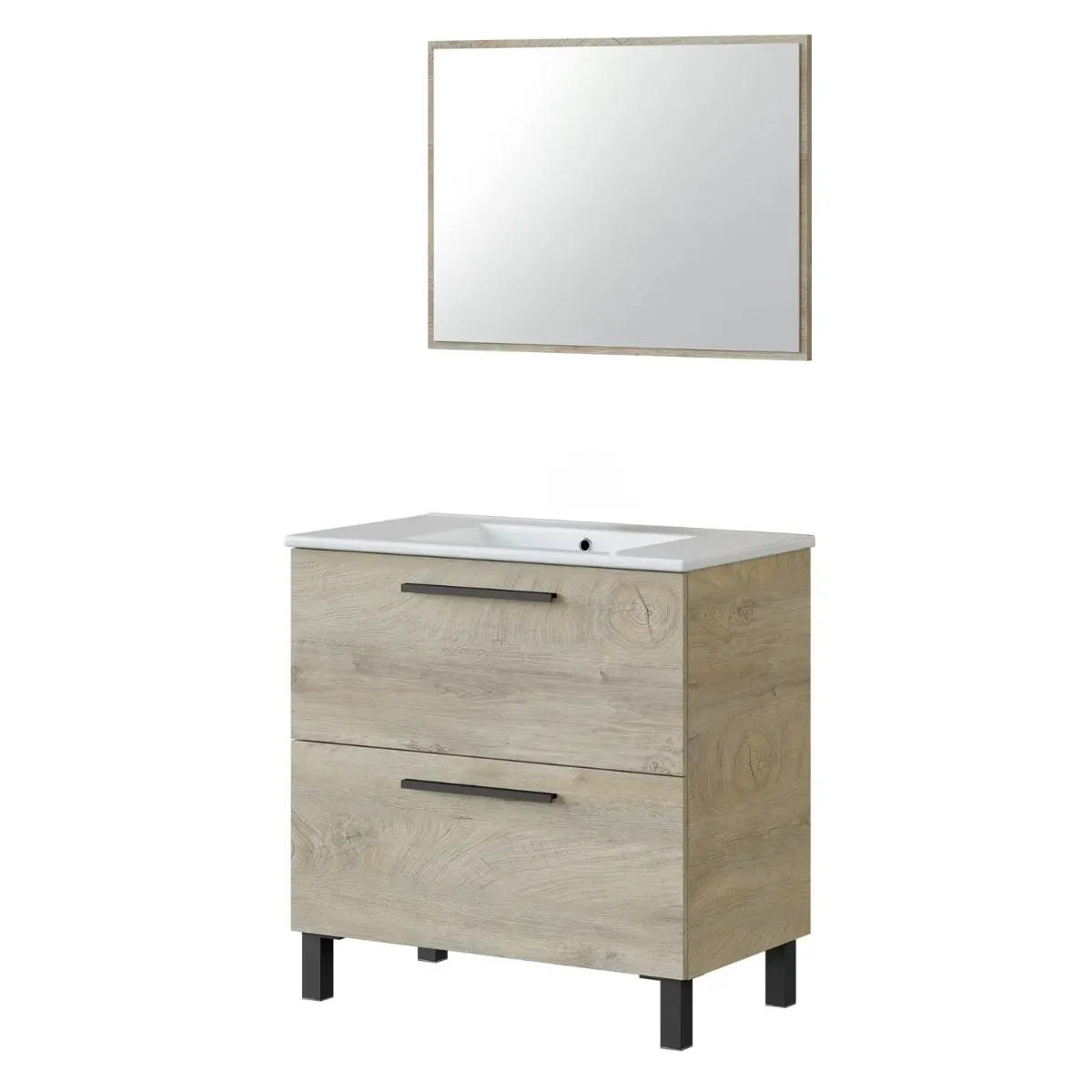 Mobile Bagno A Terra Con 2 Cassettoni Soft Close E Lavabo In Ceramica E Specchio Inclusi Con Foro Troppopieno E Maniglie ABS Design Moderno