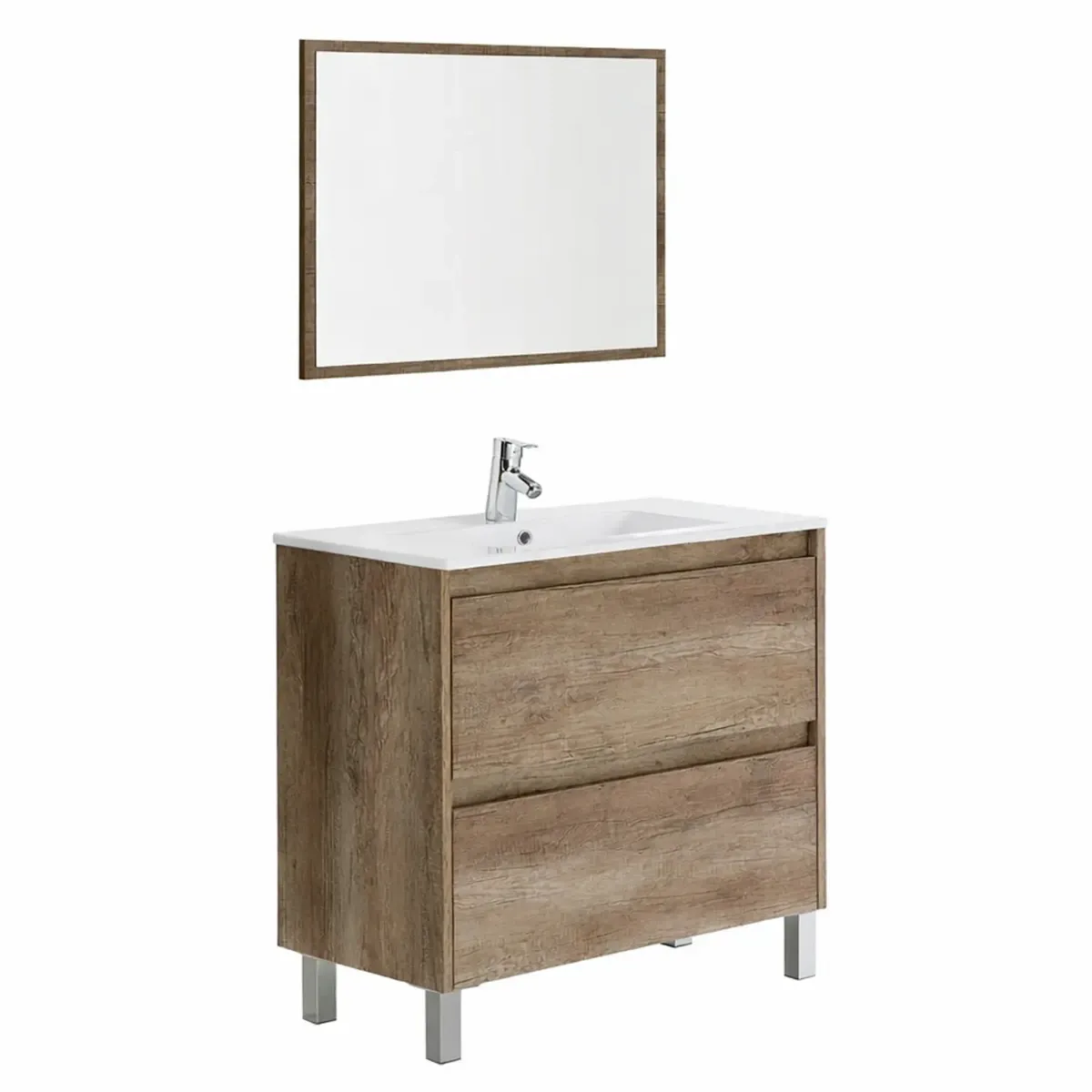 Mobile Bagno A Terra Con Lavabo In Ceramica E Specchio Coordinato Mobiletto Con Lavandino E 2 Cassettoni Ammortizzati Design Minimal