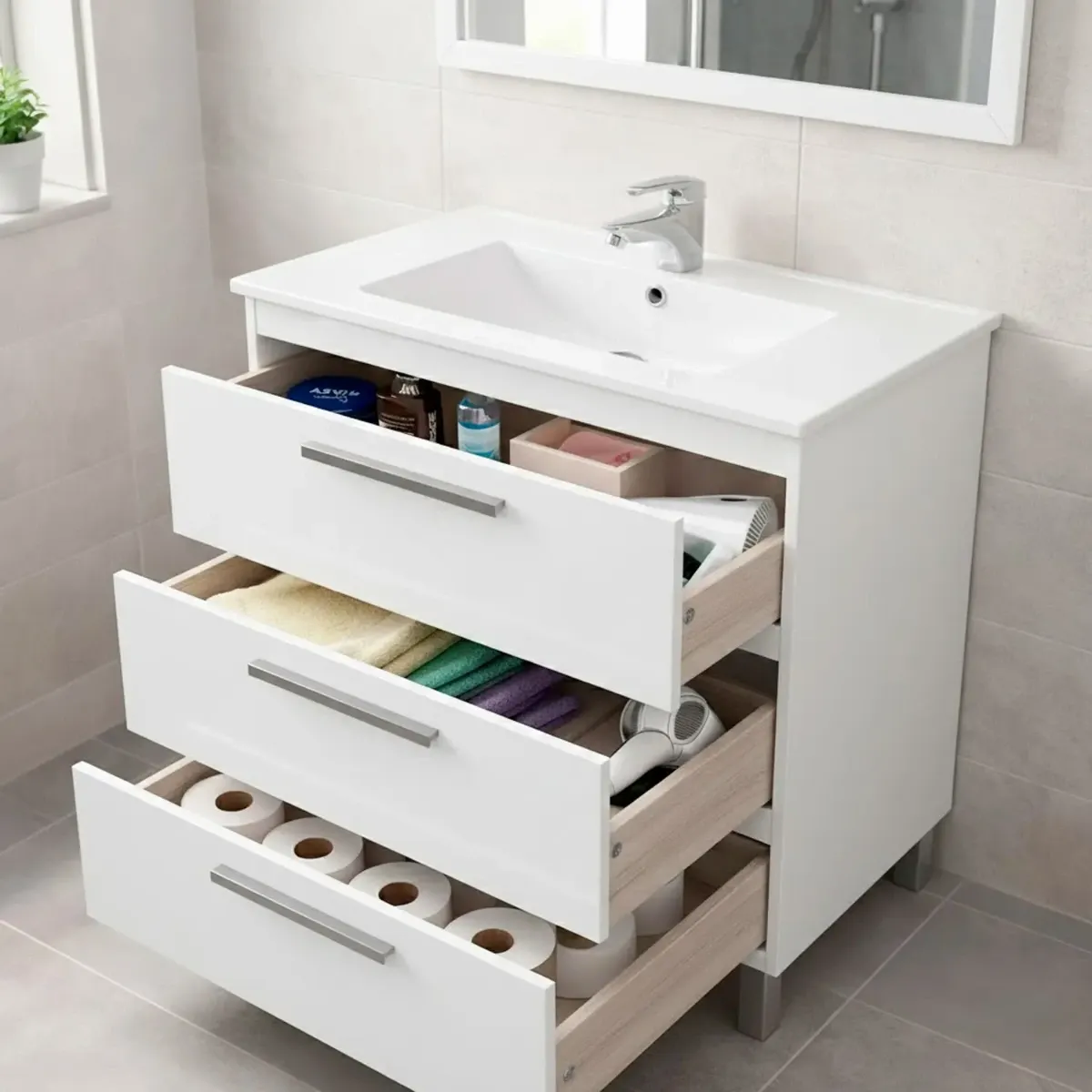 Mobile Bagno A Terra Con 3 Cassetti Lavabo In Ceramica E Specchio 77 x 50 Cm Inclusi Design Moderno Salvaspazio Elegante E Funzionale 80 x 45 x 86 Cm