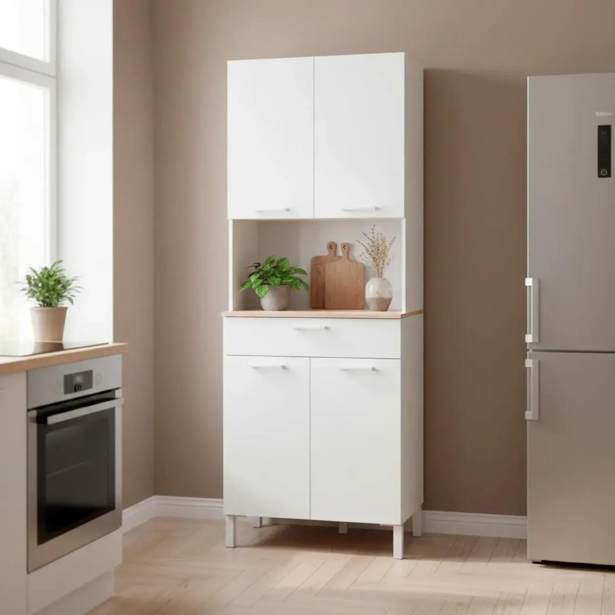 Mobile Ausiliario Da Cucina Mobiletto Con Vano Microonde Credenza Alta con 4 Ante e 1 Cassetto Madia Dispensa di Grande Capacità 186 x 72 x 40 Cm-Bianco e rovere
