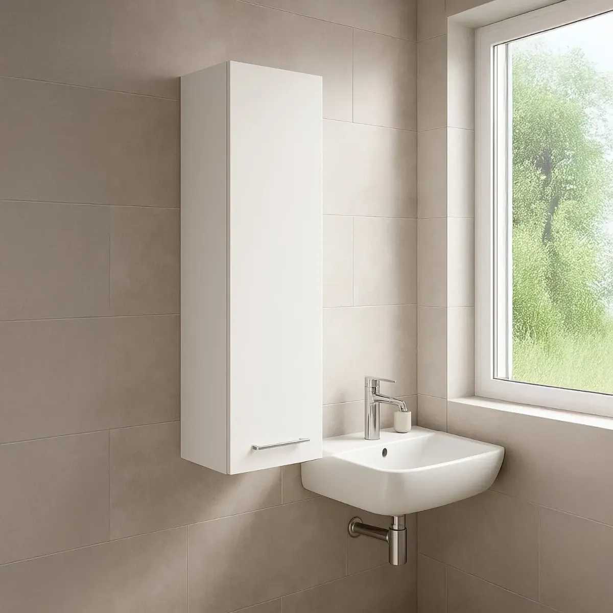 Pensile Da Bagno Sospeso Con 1 Anta E Ripiano Regolabile Mobile Armadietto Moderno Colonna Scaffale Salvaspazio Da Parete In Melamina Design Moderno 