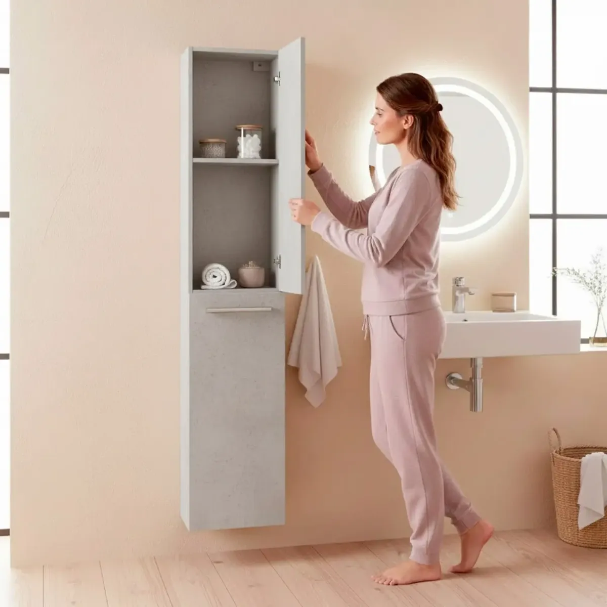 Mobile Alto Da Bagno Sospeso Con 2 Ante E 3 Mensole Interne Colonna Moderna Sospesa Salvaspazio In Melaminico Con Chiusura Assistita Design Industriale Lavanderia Ingresso