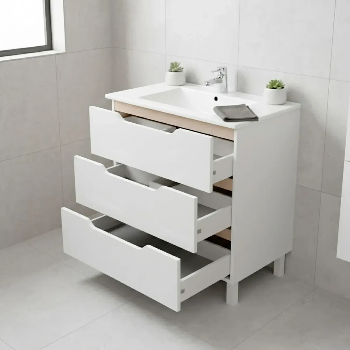 Mobile Bagno A Terra Con 3 Cassettoni Soft Close E Lavabo In Ceramica Monoforo Con Troppopieno Incluso Mobiletto Design Moderno Ed Elegante Salvaspazio 80 x 45 x 86 Cm