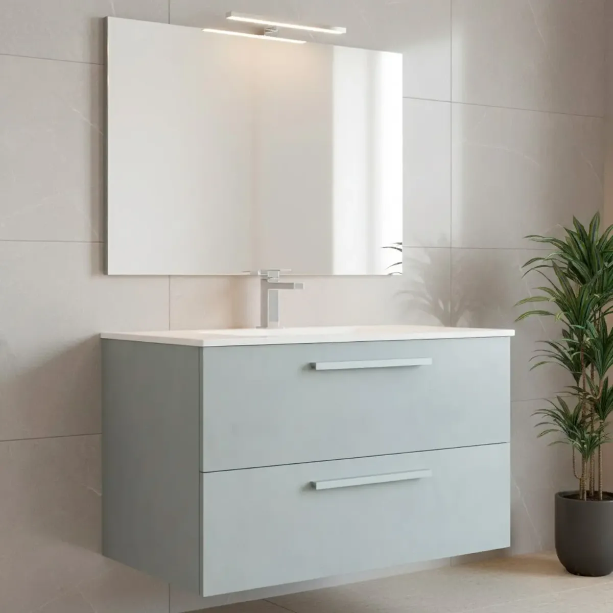 Mobile Mobiletto Bagno Sospeso Con 2 Cassettoni Soft Close Con Lavandino Lavabo In Ceramica Specchio E Led Da 45 Cm Design Moderno Nordico 57 x 80 x 45 Cm-Grigio cemento-80 x 45 x 57 cm