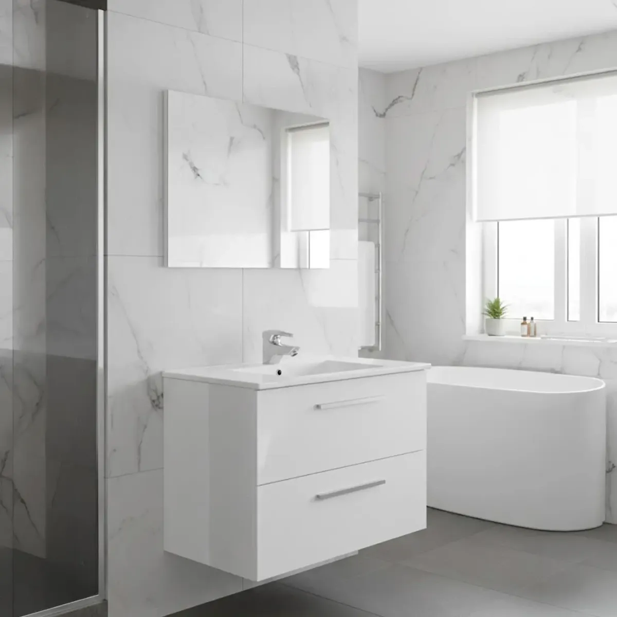 Mobile Mobiletto Bagno Sospeso Con 2 Cassettoni Soft Close E Lavabo in Ceramica Monoforo Con Troppopieno E Specchio Design Moderno Minimal