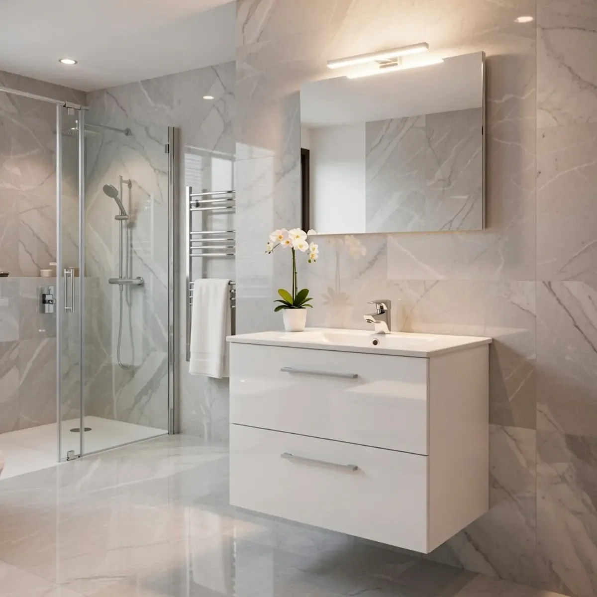 Mobile Mobiletto Bagno Sospeso Con 2 Cassettoni Soft Close Lavabo in Ceramica Monoforo Con Troppopieno E Specchio Con Led Da 45 Cm Design Moderno 80 x 45 x 57