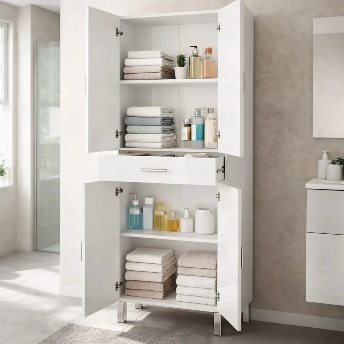 Colonna Bagno Con 4 Ante 4 Ripiani E Cassetto Mobile Alto Moderno Salvaspazio Con Mensole Regolabili Design Elegante Minimal Per Bagno Lavanderia Ripostiglio