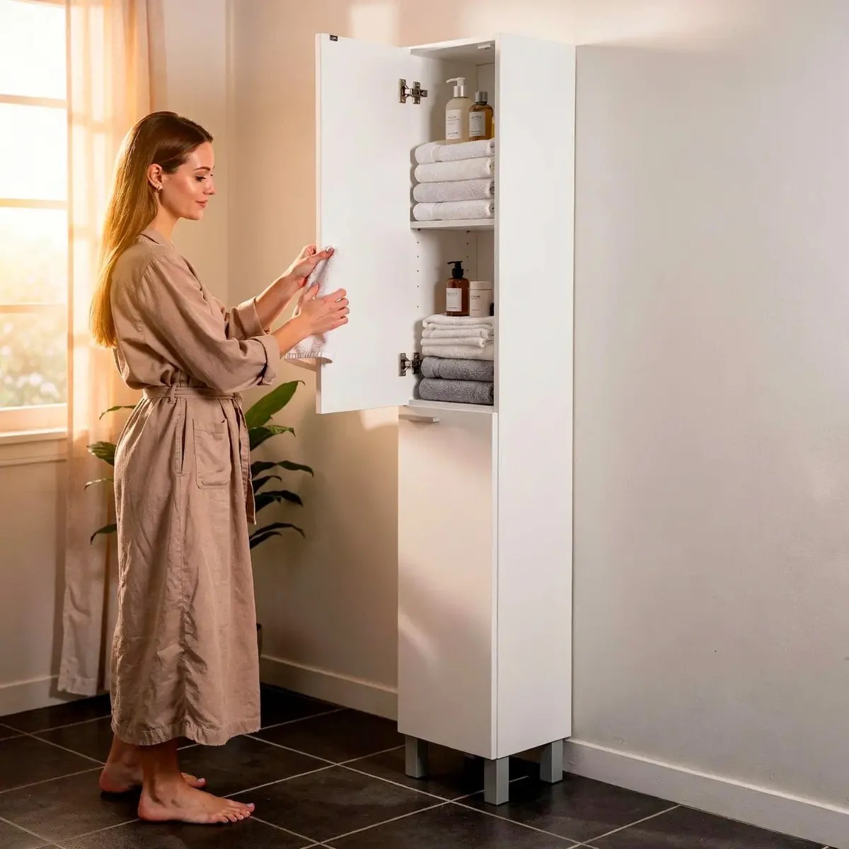 Colonna Armadio Da Bagno Con Doppia Anta E 4 Ripiani Mobile Alto Salvaspazio Armadietto In Melaminico Chiusura Ammortizzata Lavanderia