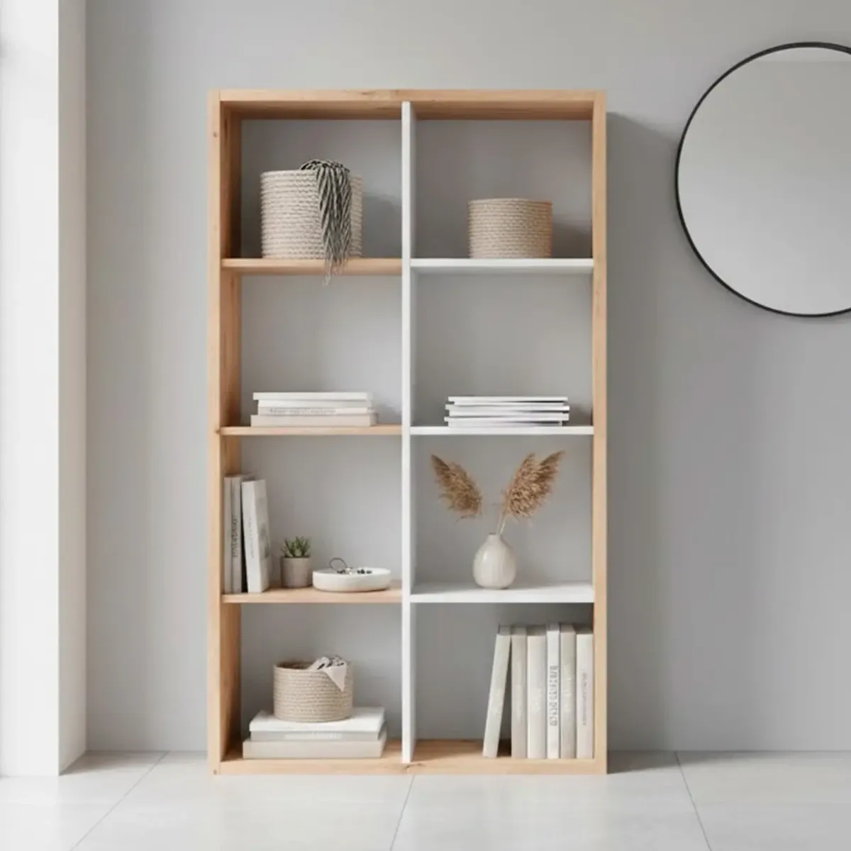 Libreria Cubi 8 Vani Modulare Mobile Moderno Per Libri Installabile In Verticale O Orizzontale Per Soggiorno Ufficio E Cameretta 71.5 x 137 x 33 Cm -Bianco e rovere