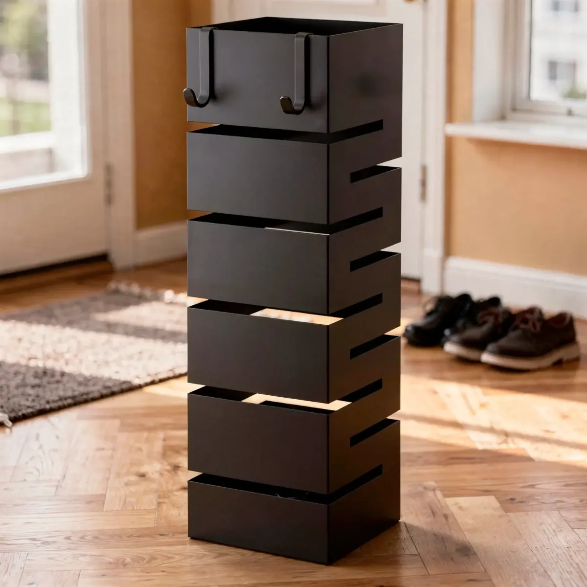 Portaombrelli In Acciaio Zincato Per Interno Esterno Con Vaschetta Scolapioggia 2 Ganci Removibili Base Antiscivolo e Struttura Robusta Design Moderno 49 x 15,5 x 15.5 Cm-Nero