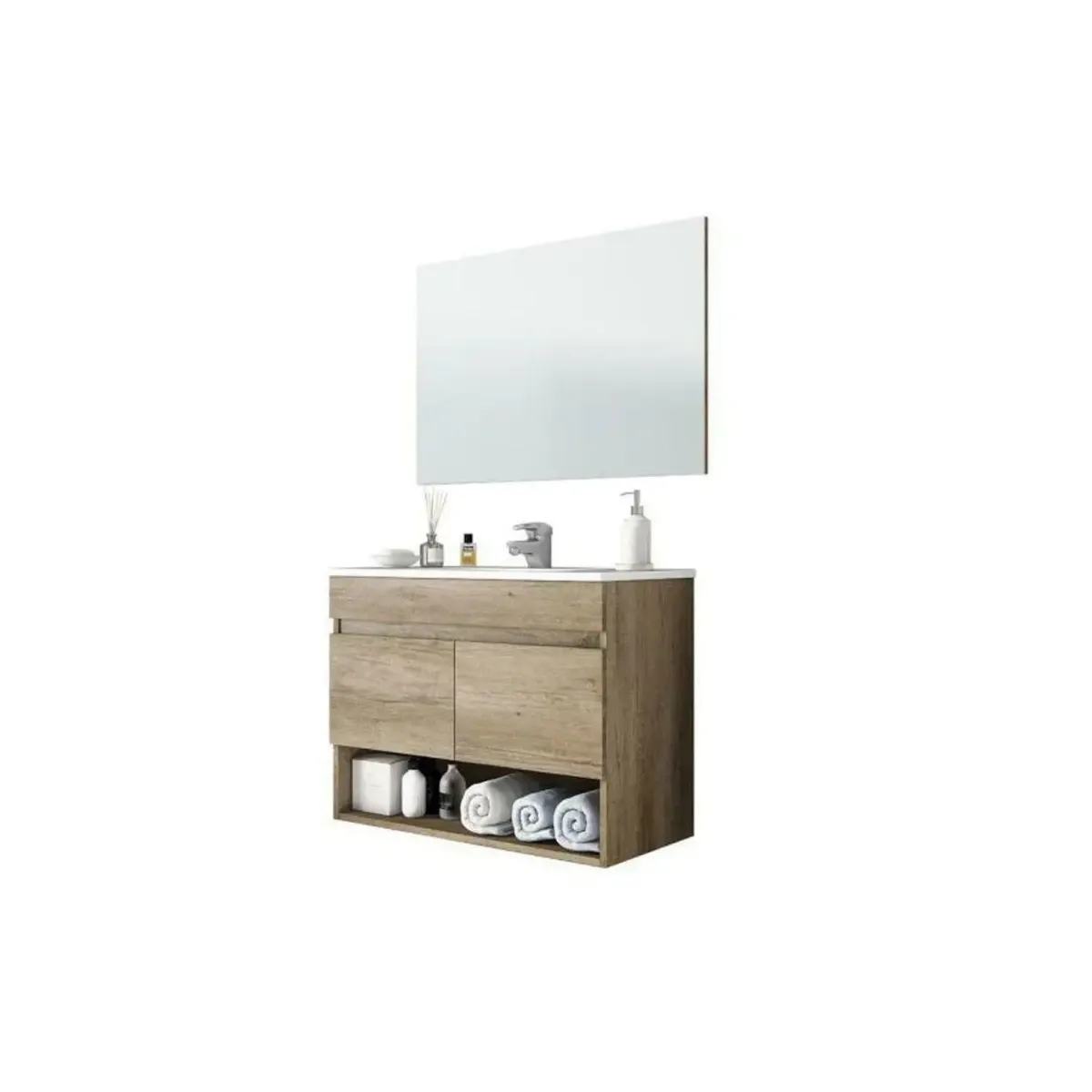 Mobiletto Bagno Sospeso Mobile Legno Con 2 Ante Ripiani e Vani Aperti Lavabo In Ceramica Con Specchio E Led Design Moderno Nordico La Brea 80 x 45 x 64 Cm