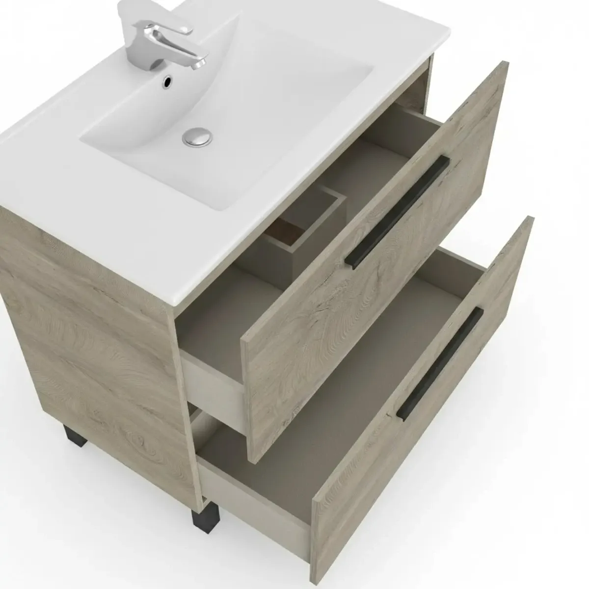 Mobile Bagno A Terra Con 2 Cassettoni Soft Close E Lavabo In Ceramica E Specchio Inclusi Con Foro Troppopieno E Maniglie ABS Design Moderno