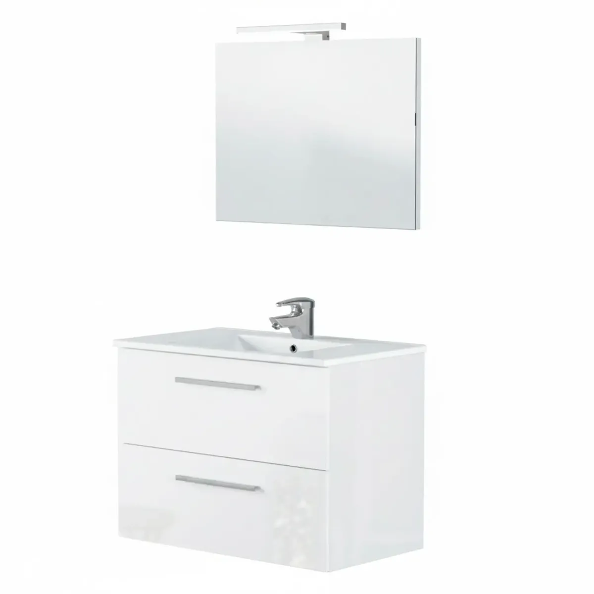 Mobile Mobiletto Bagno Sospeso Con 2 Cassettoni Soft Close Lavabo in Ceramica Monoforo Con Troppopieno E Specchio Con Led Da 45 Cm Design Moderno 80 x 45 x 57