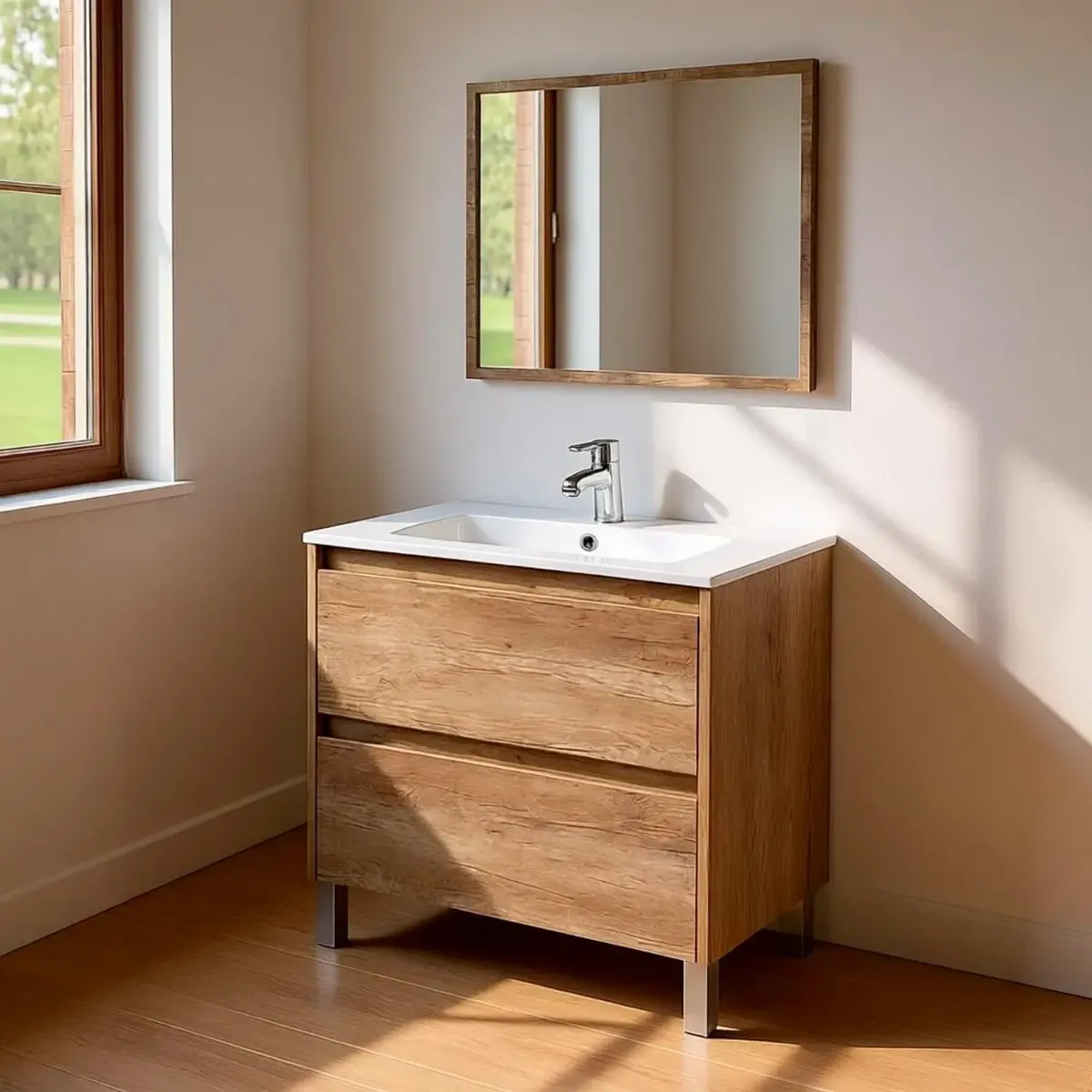 Mobile Bagno A Terra Con Lavabo In Ceramica E Specchio Coordinato Mobiletto Con Lavandino E 2 Cassettoni Ammortizzati Design Minimal