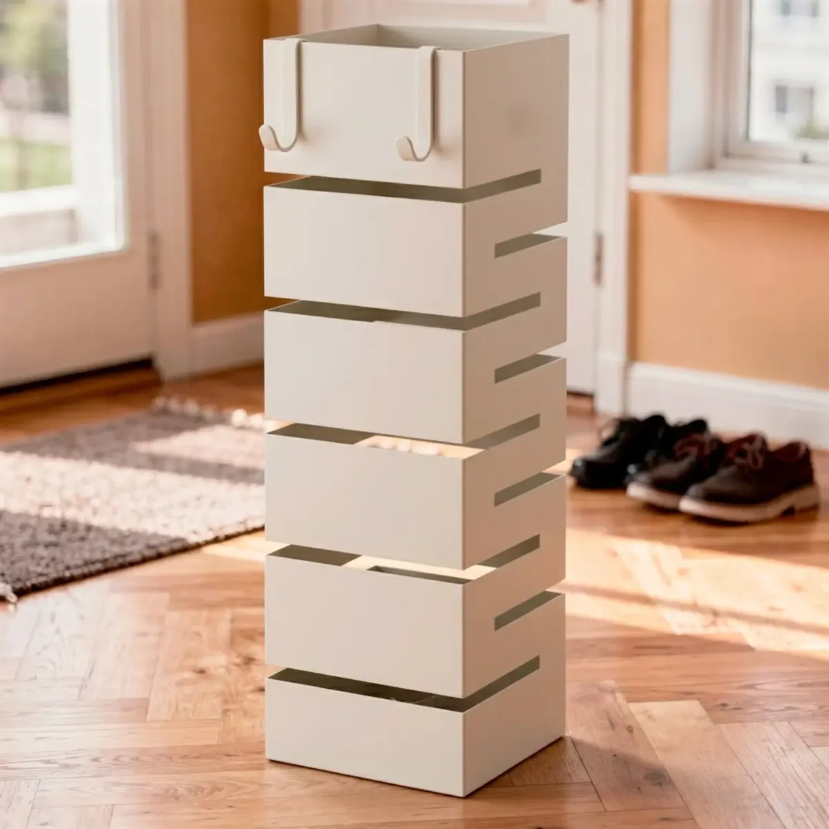 Portaombrelli In Acciaio Zincato Per Interno Esterno Con Vaschetta Scolapioggia 2 Ganci Removibili Base Antiscivolo e Struttura Robusta Design Moderno 49 x 15,5 x 15.5 Cm-Bianco