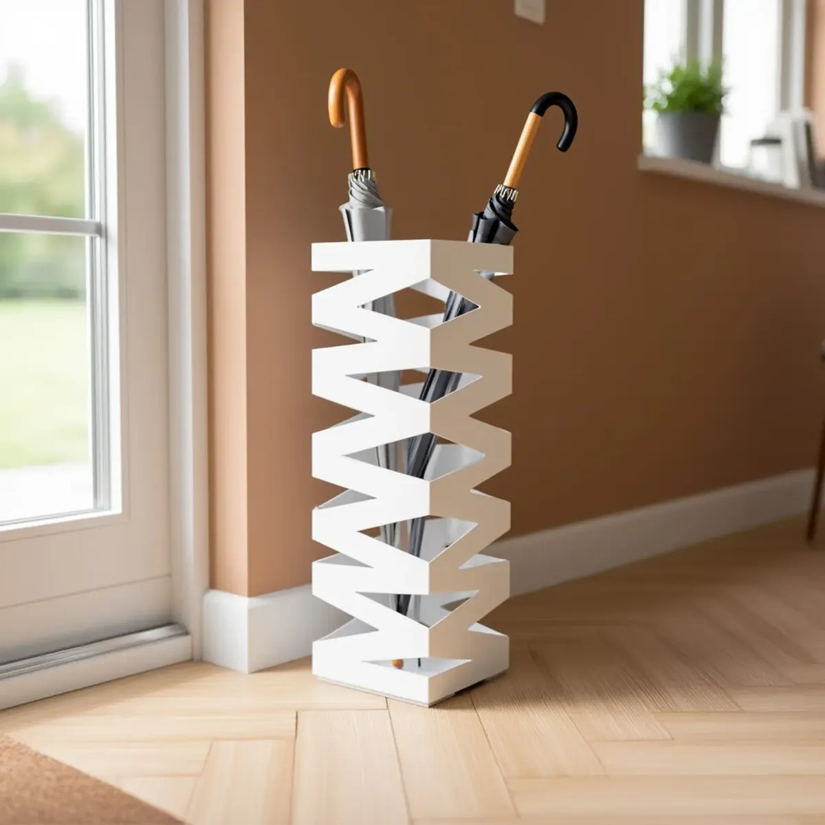 Portaombrelli In Acciaio Zincato Con Intarsi Decorativi Porta Ombrelli Vaschetta Scolapioggia 2 Ganci Removibili Base Antiscivolo per Ingresso Casa e Ufficio Design Moderno 49 x 15.5 x 15.5 Cm-Bianco