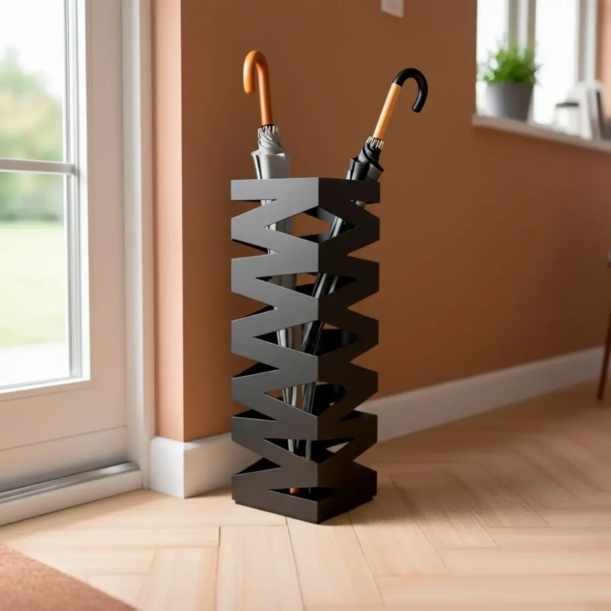 Portaombrelli In Acciaio Zincato Con Intarsi Decorativi Porta Ombrelli Vaschetta Scolapioggia 2 Ganci Removibili Base Antiscivolo per Ingresso Casa e Ufficio Design Moderno 49 x 15.5 x 15.5 Cm-Nero