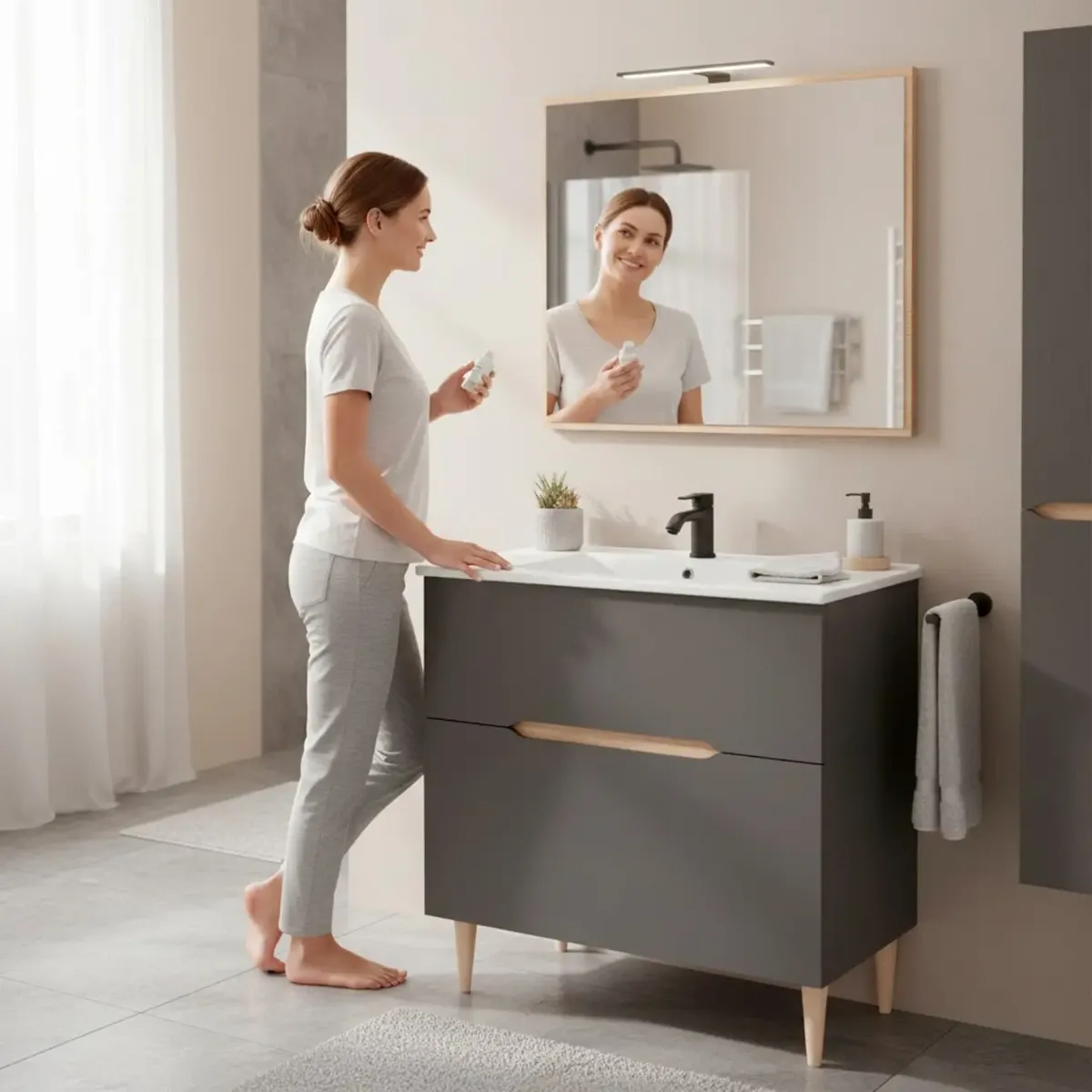 Mobile Bagno A Terra Con Lavabo In Ceramica E Specchio Inclusi 1 Cassetto Soft Close E 1 Anta A Vasistas Design Moderno Salvaspazio 80 x 45 x 80 Cm