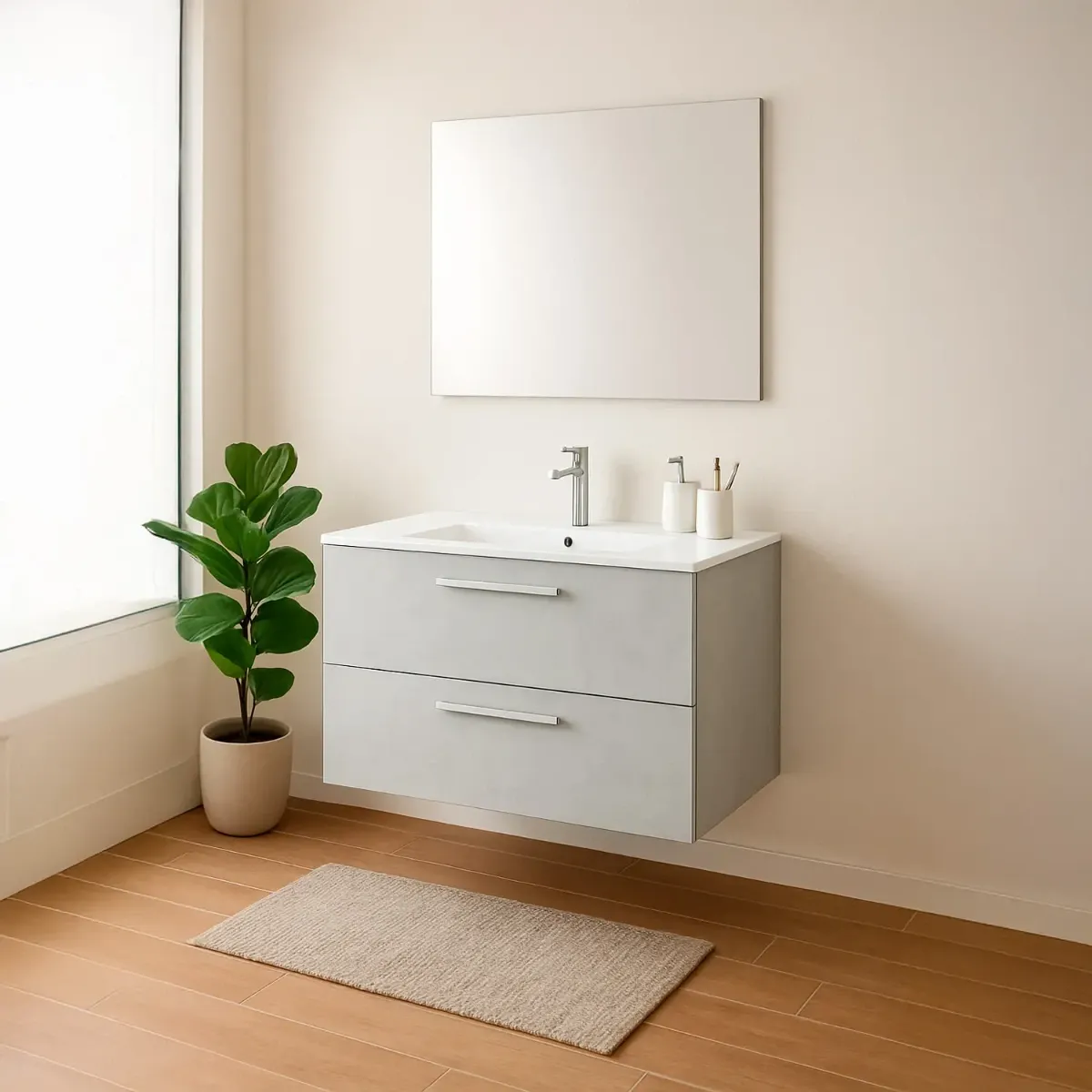 Mobile Mobiletto Bagno Sospeso Con 2 Cassettoni Soft Close Con Lavandino Lavabo In Ceramica E Specchio Design Moderno Nordico 57 x 80 x 45 Cm